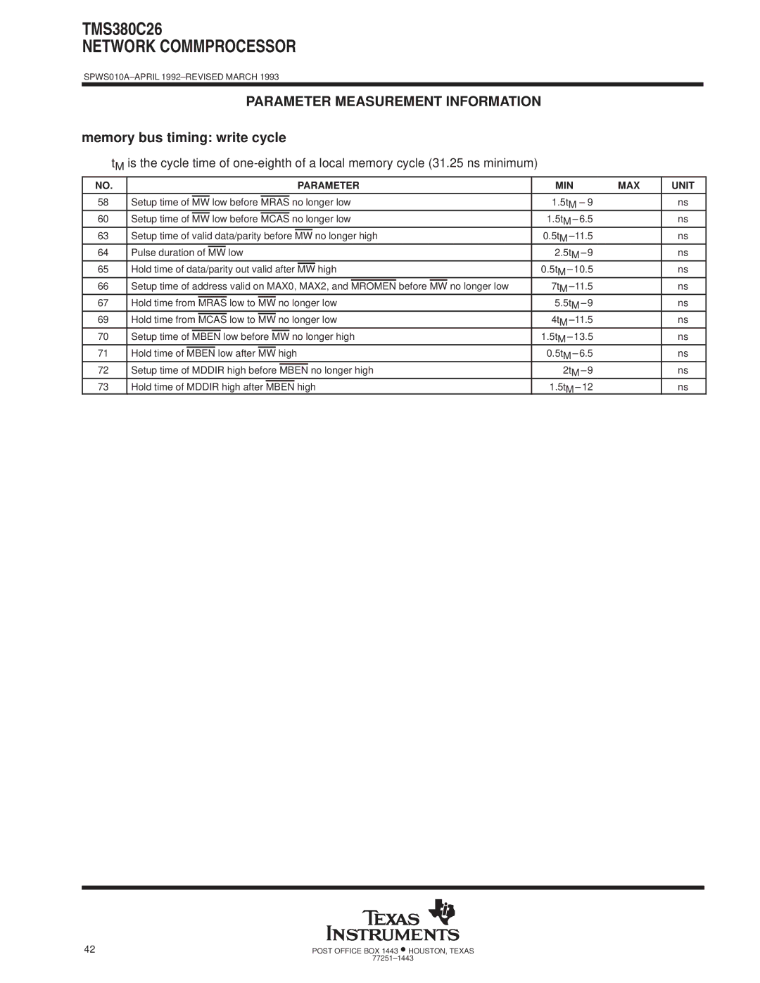Texas Instruments TMS380C26 specifications Memory bus timing write cycle 