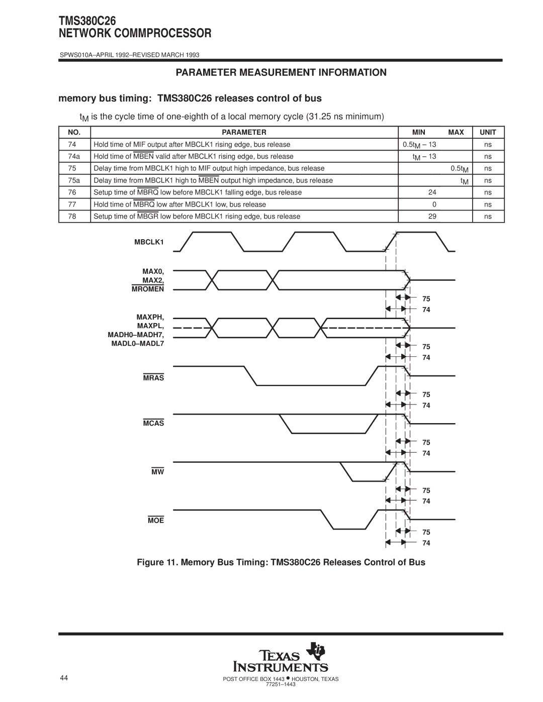 Texas Instruments specifications Memory bus timing TMS380C26 releases control of bus, Parameter MIN 