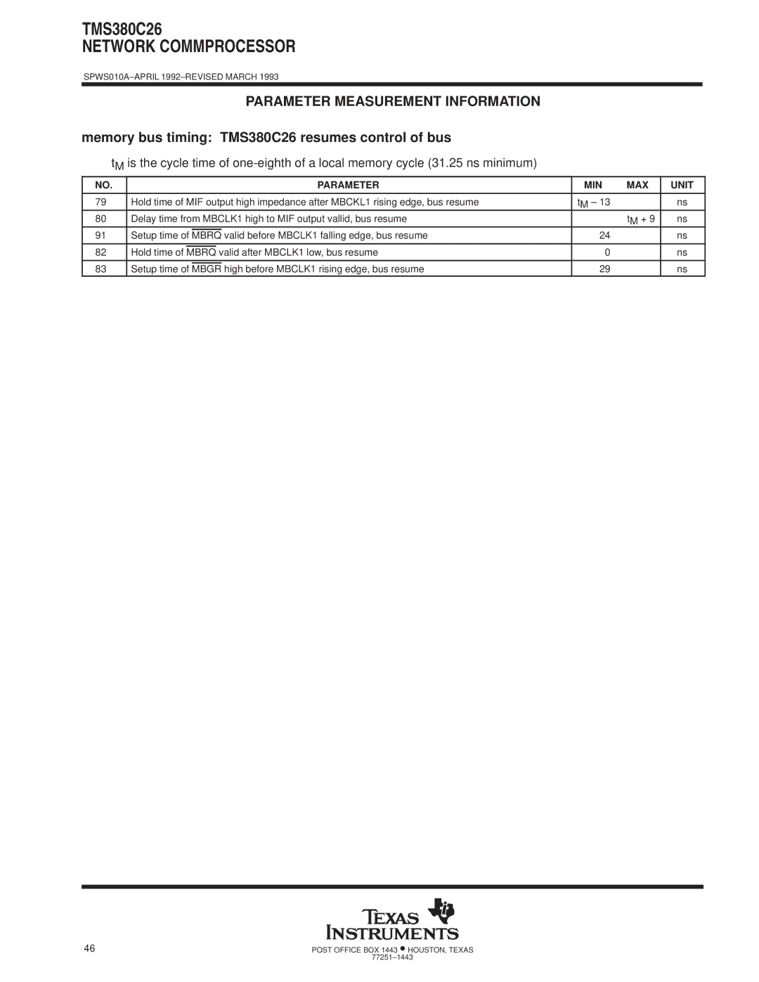Texas Instruments Memory bus timing TMS380C26 resumes control of bus, Hold time Valid after MBCLK1 low, bus resume 