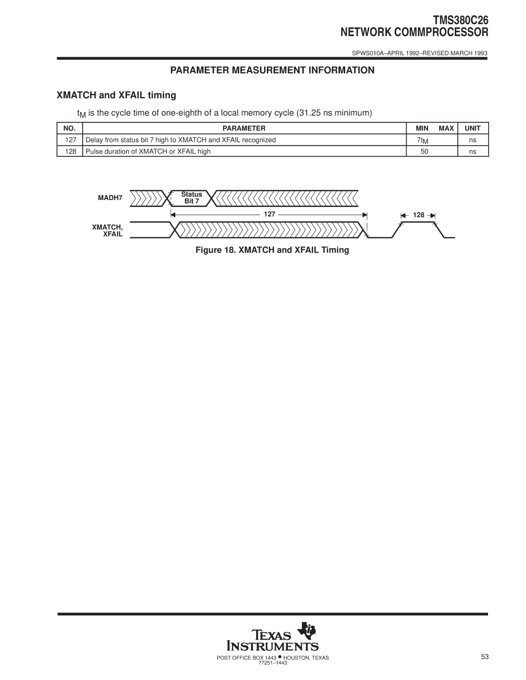 Texas Instruments TMS380C26 specifications Xmatch and Xfail timing, Bit, 127 128, Xmatch Xfail 