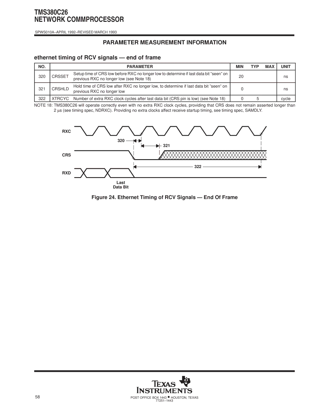 Texas Instruments TMS380C26 Ethernet timing of RCV signals Ð end of frame, Crshld, 320 321, 322, Last Data Bit 