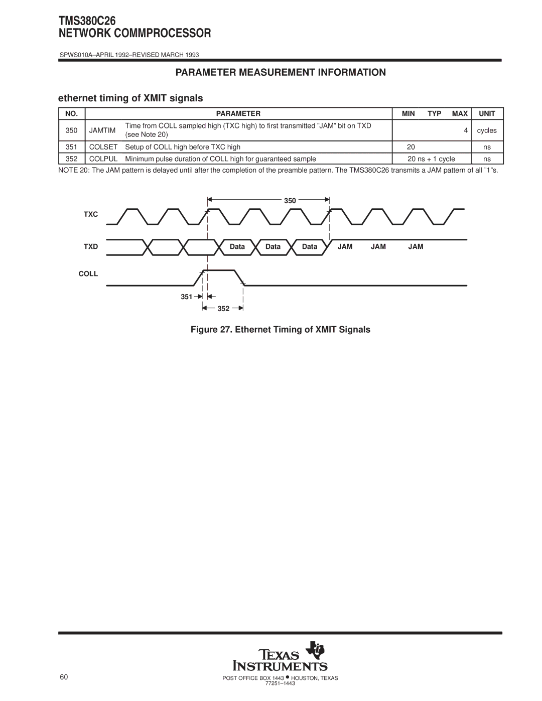 Texas Instruments TMS380C26 specifications 350, Txc Txd, Data, Jam, 351 352 