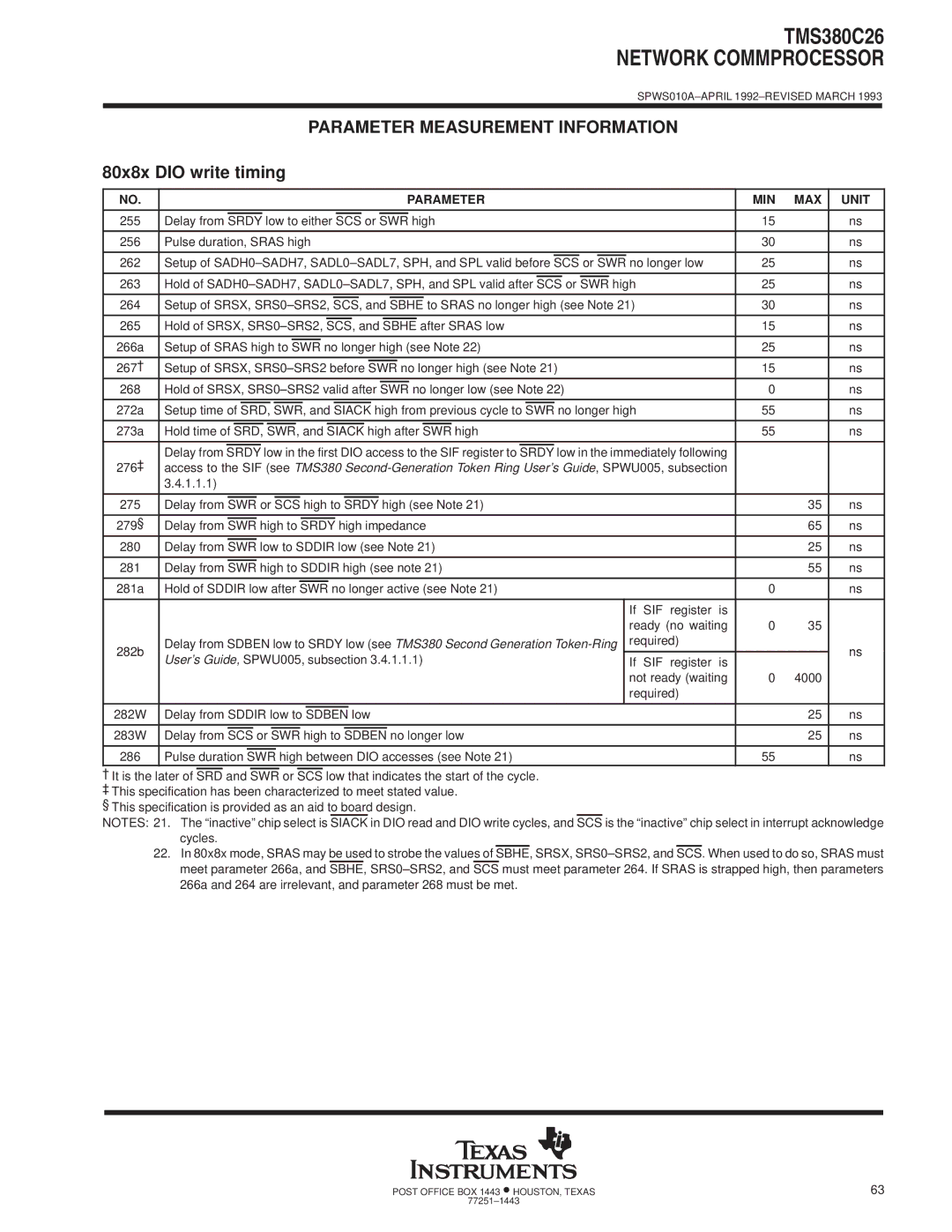 Texas Instruments TMS380C26 specifications 80x8x DIO write timing 