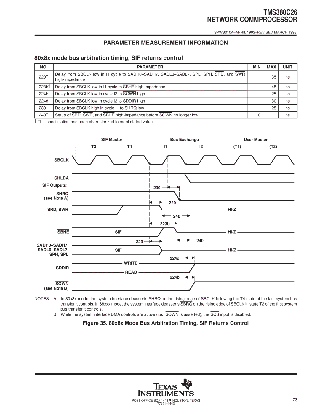 Texas Instruments TMS380C26 specifications 80x8x mode bus arbitration timing, SIF returns control 