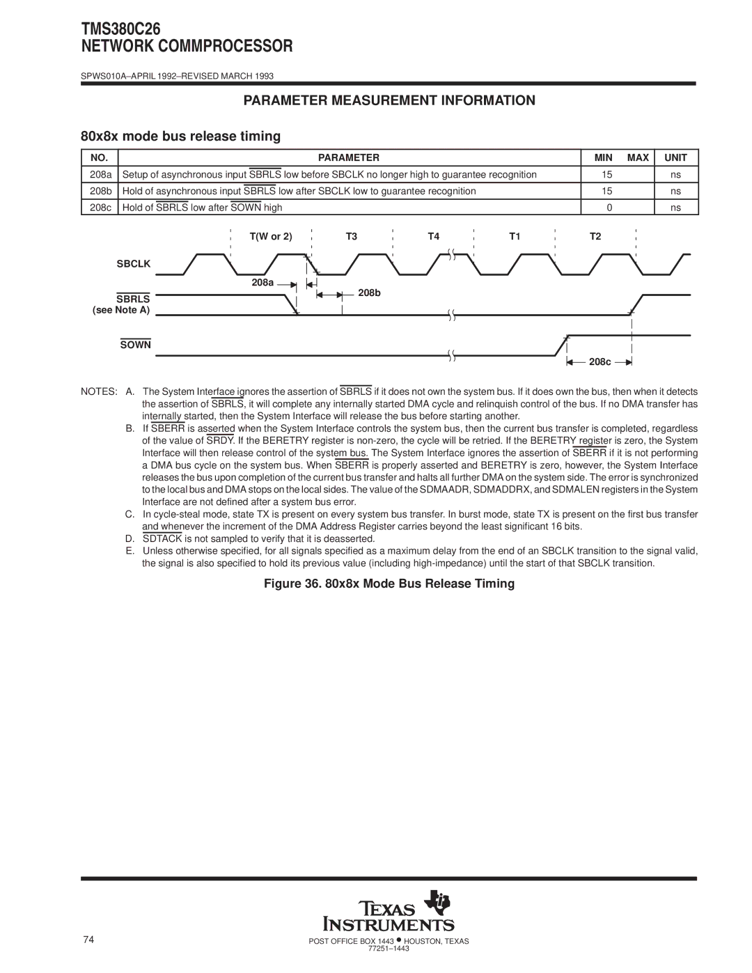 Texas Instruments TMS380C26 specifications 80x8x mode bus release timing, Sbrls Sown, TW or, 208c 