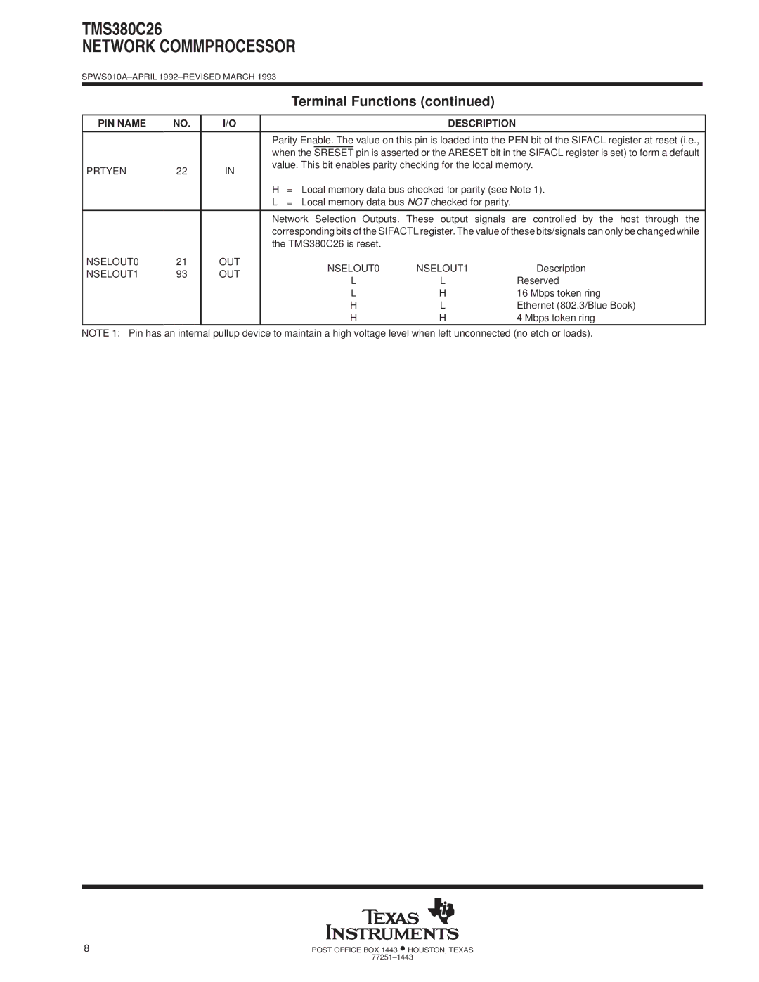 Texas Instruments TMS380C26 specifications Prtyen, NSELOUT0 NSELOUT1 