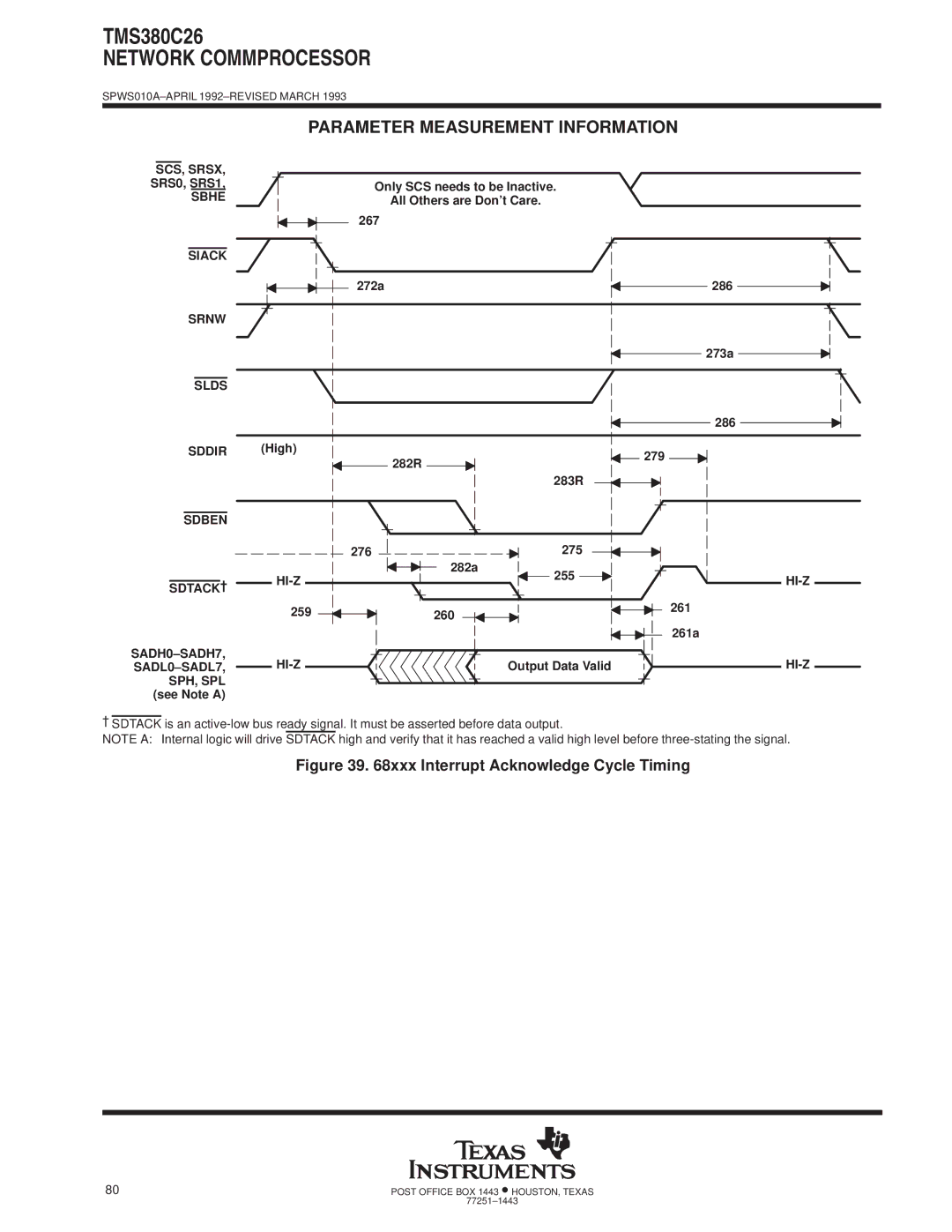 Texas Instruments TMS380C26 specifications SCS, Srsx SRS0, SRS1 Sbhe Siack Srnw Slds, Sdben SDTACK² HI-Z, 275 282a 255 