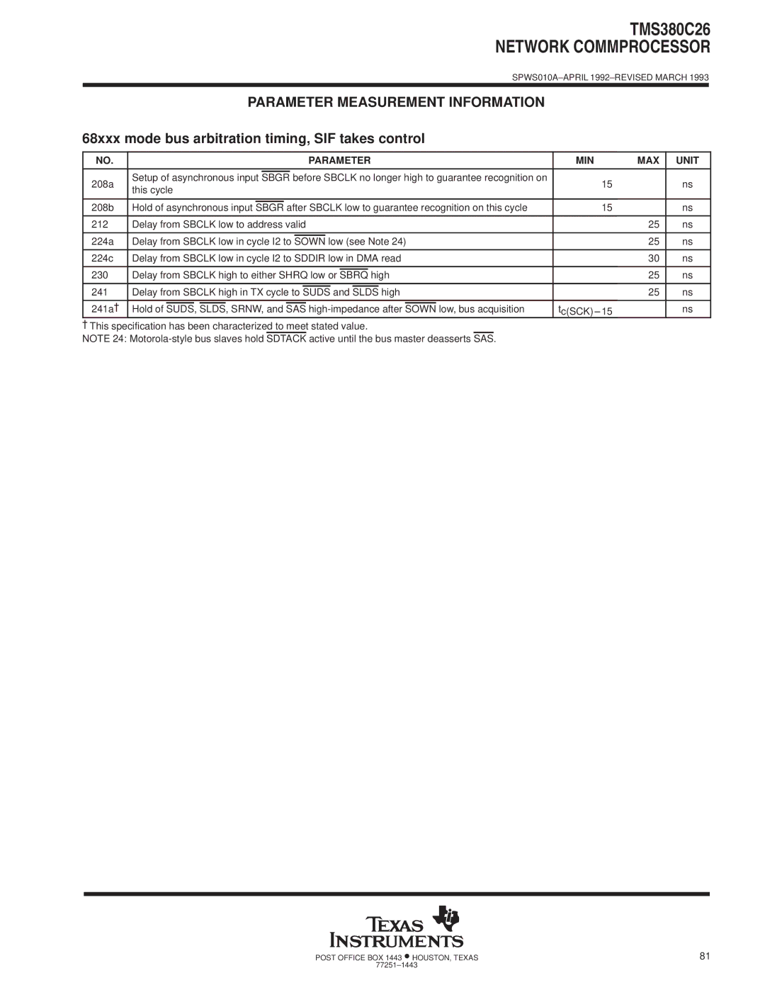 Texas Instruments TMS380C26 specifications 68xxx mode bus arbitration timing, SIF takes control, Sbgr, Sbrq 