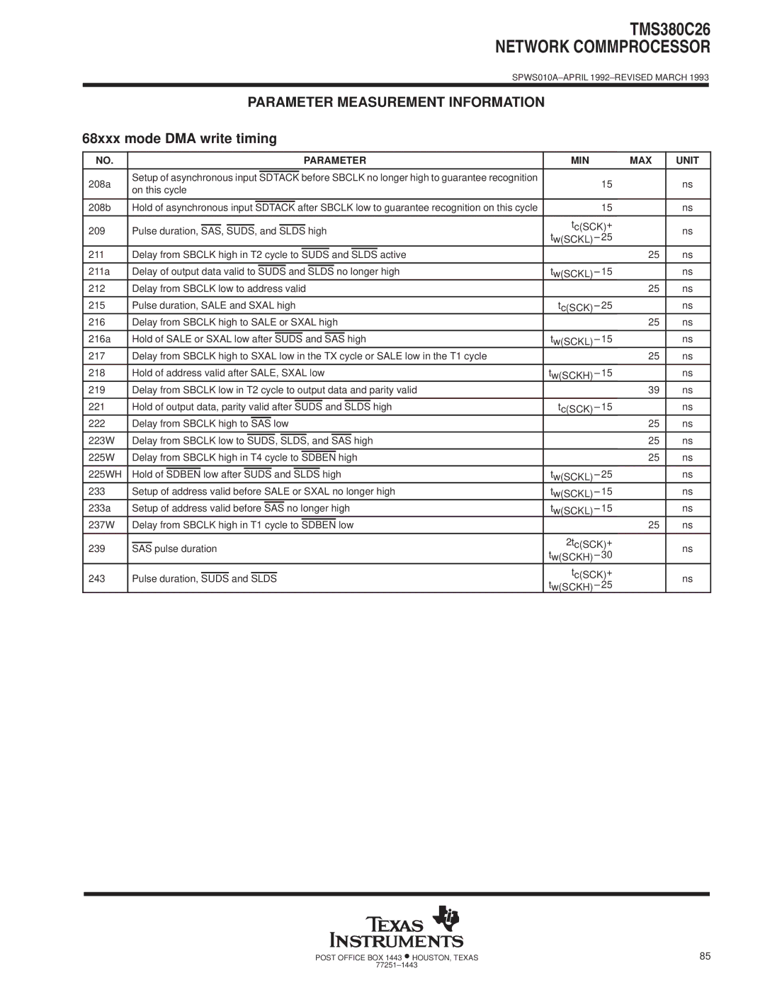 Texas Instruments TMS380C26 specifications 68xxx mode DMA write timing, Sdben Suds Slds 