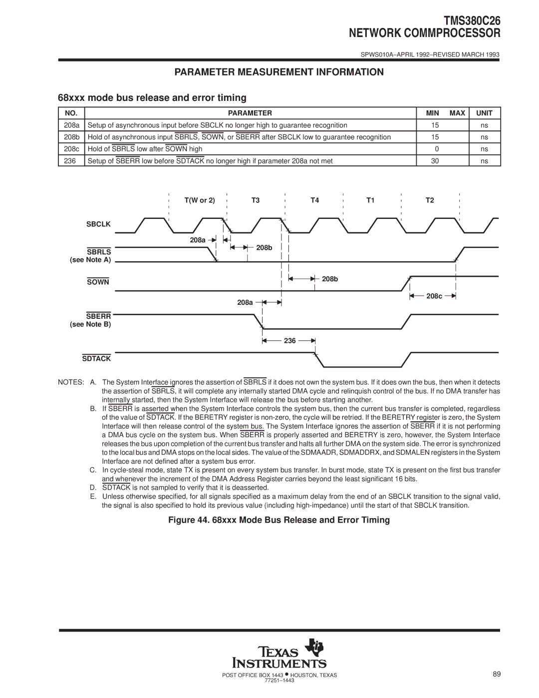 Texas Instruments TMS380C26 specifications 68xxx mode bus release and error timing, Sown Sberr, Sbrls Sown, Sberr Sdtack 