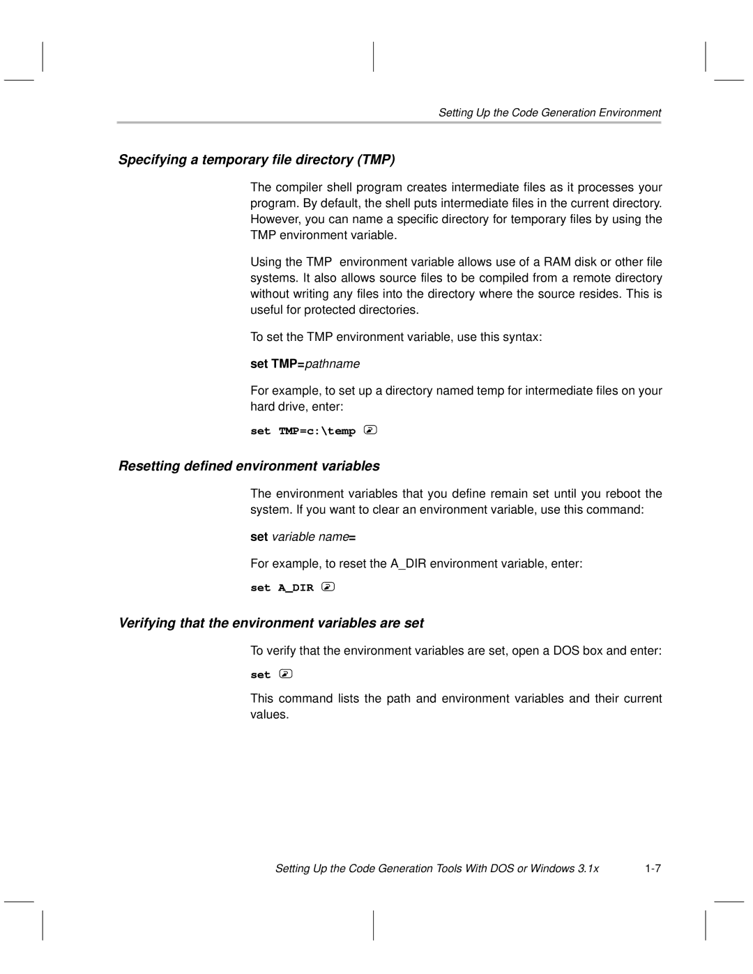 Texas Instruments TMS470R1x manual Specifying a temporary file directory TMP, Resetting defined environment variables 