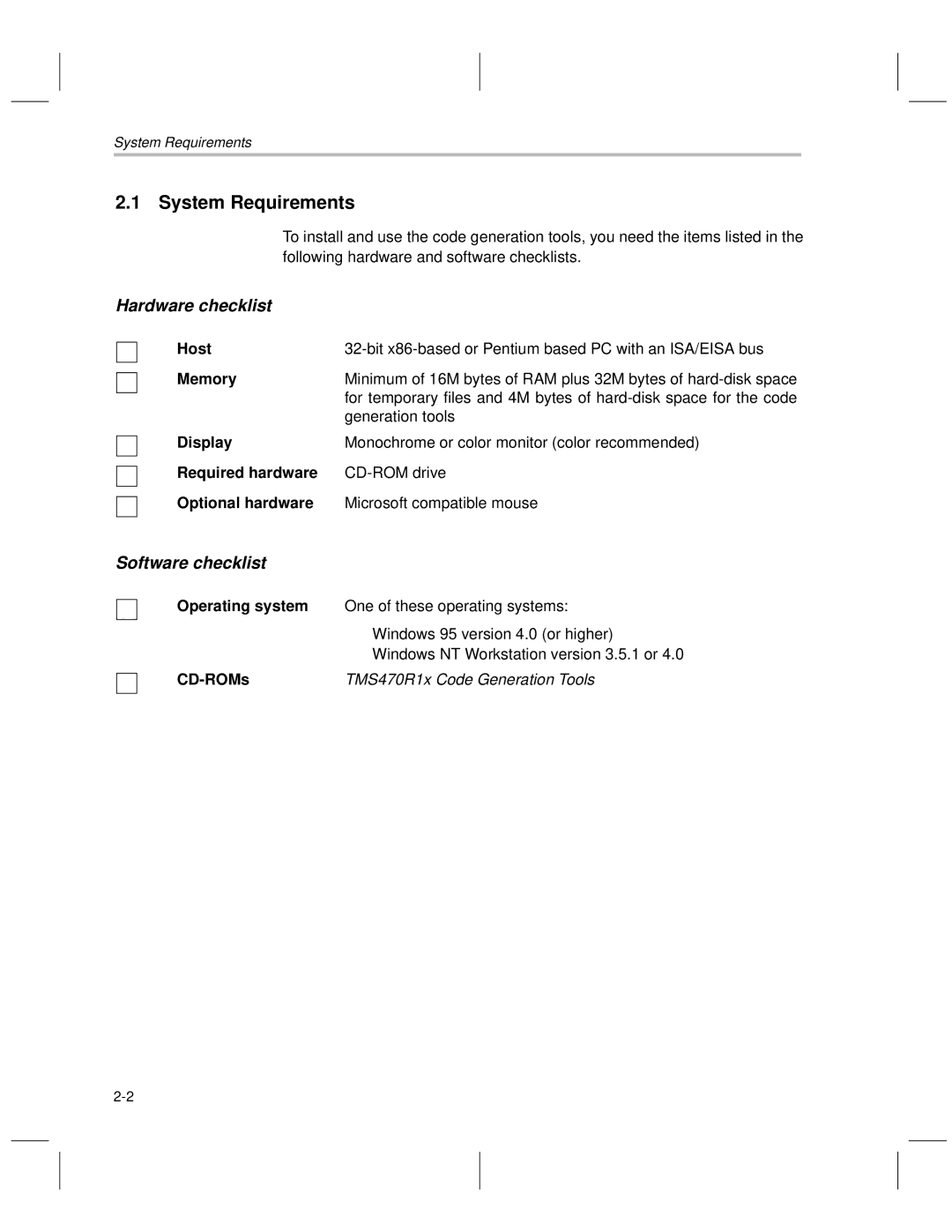 Texas Instruments manual System Requirements, TMS470R1x Code Generation Tools 