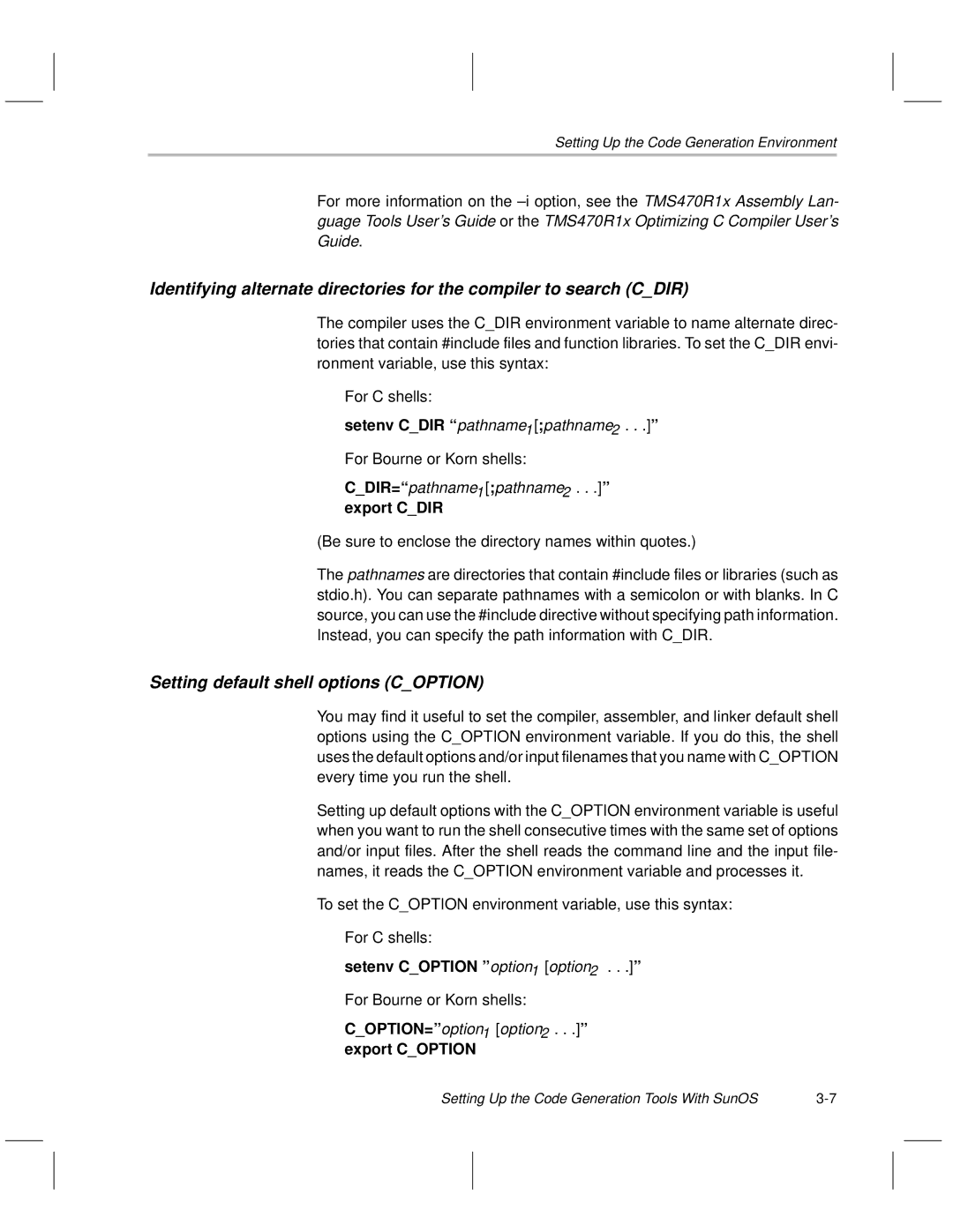 Texas Instruments TMS470R1x manual Setenv Cdir ªpathname1 pathname2 . . .º, CDIR=ªpathname1 pathname2 . . .º export Cdir 