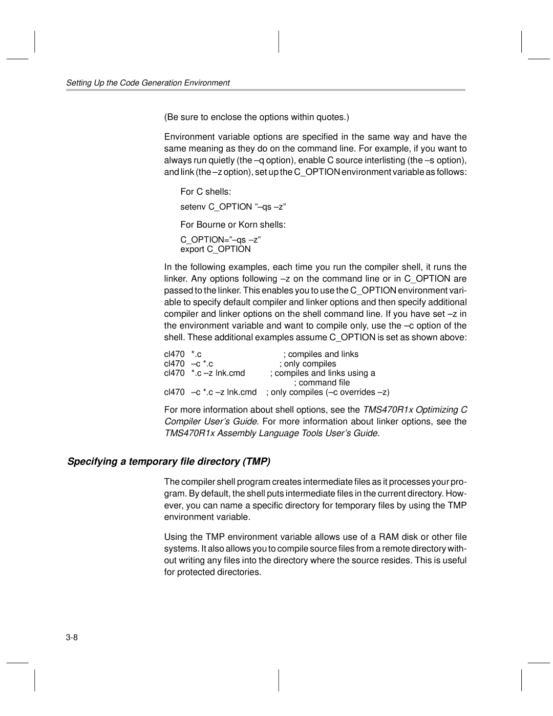 Texas Instruments TMS470R1x manual Specifying a temporary file directory TMP, Setenv Coption º±qs ±zº 