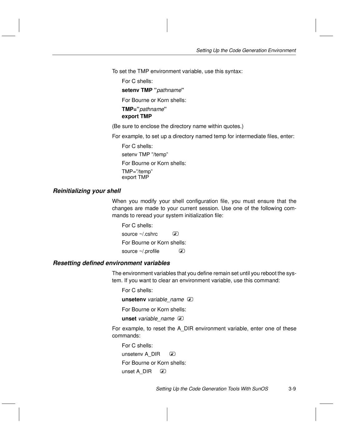 Texas Instruments TMS470R1x manual Reinitializing your shell, Setenv TMP º/tempº, TMP=º/tempº export TMP, Source ~/.cshrc 