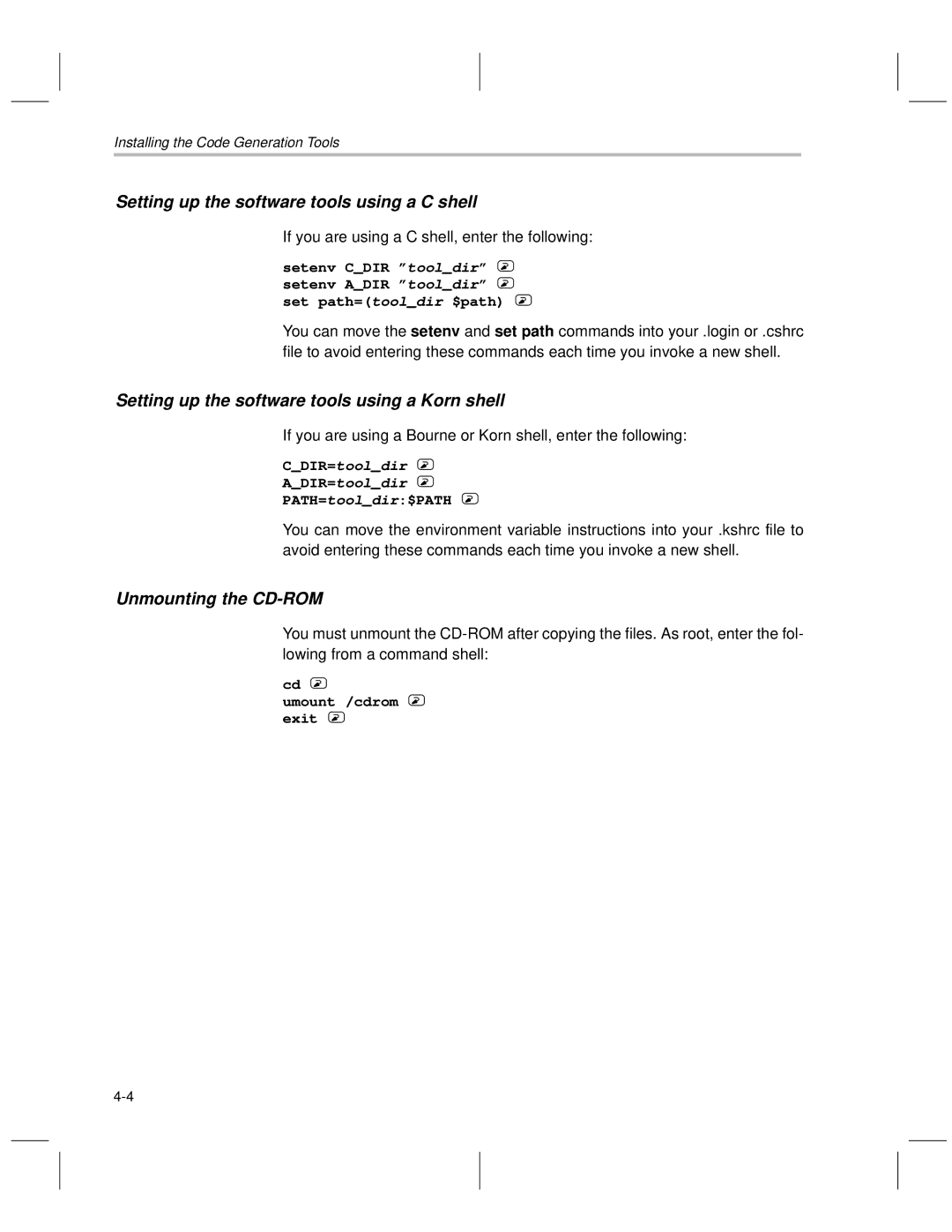 Texas Instruments TMS470R1x manual Setting up the software tools using a C shell, PATH=tooldir$PATH, Umount /cdrom exit 