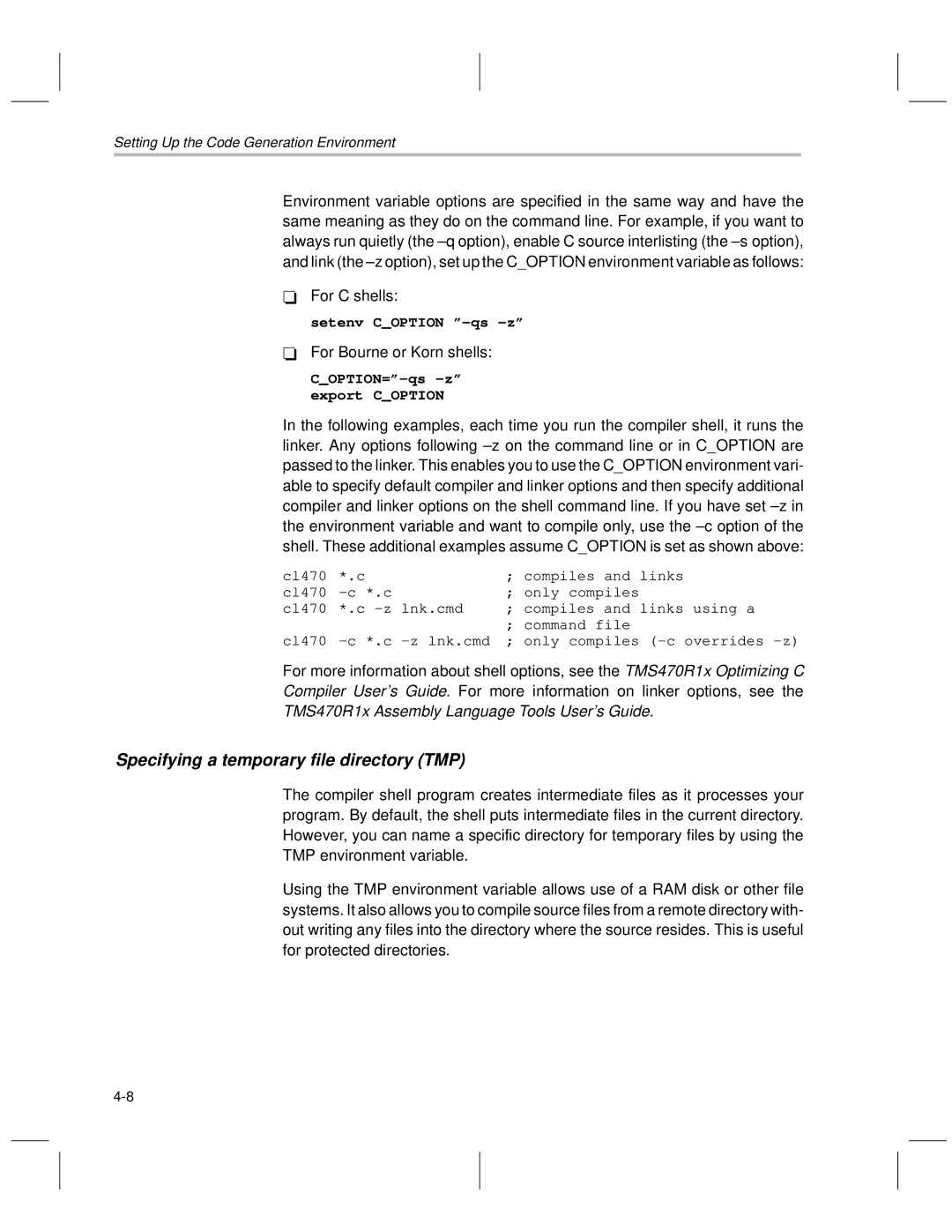 Texas Instruments TMS470R1x manual Specifying a temporary file directory TMP 