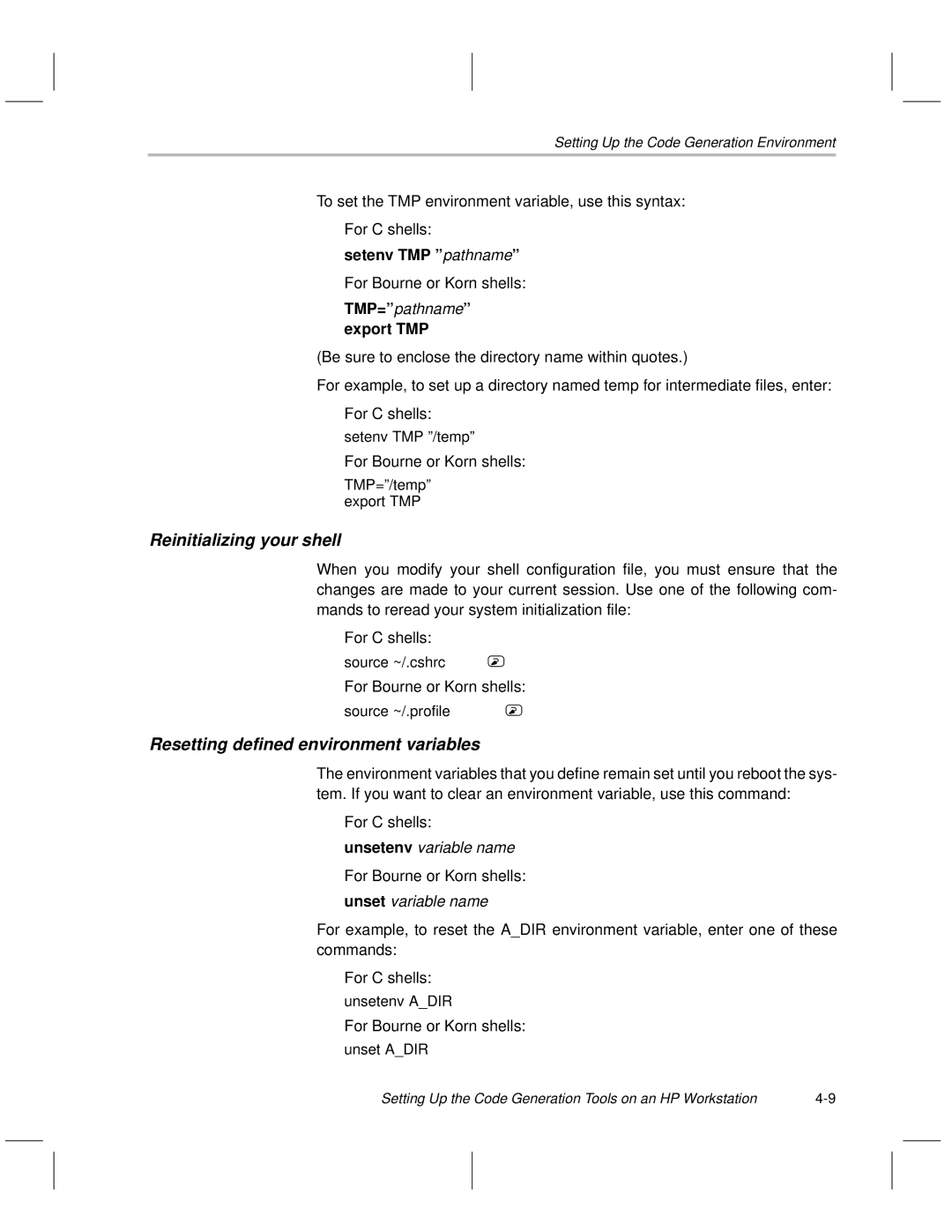 Texas Instruments TMS470R1x manual TMP=ºpathnameº export TMP, Unsetenv variable name 