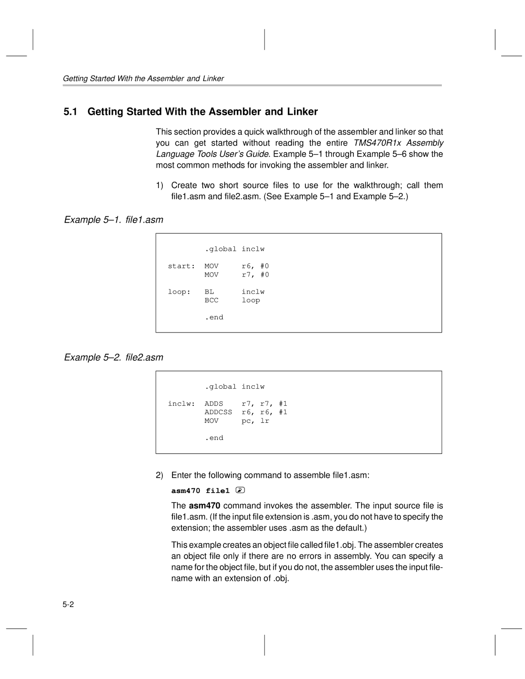 Texas Instruments TMS470R1x manual Getting Started With the Assembler and Linker, Example 5±2. file2.asm 