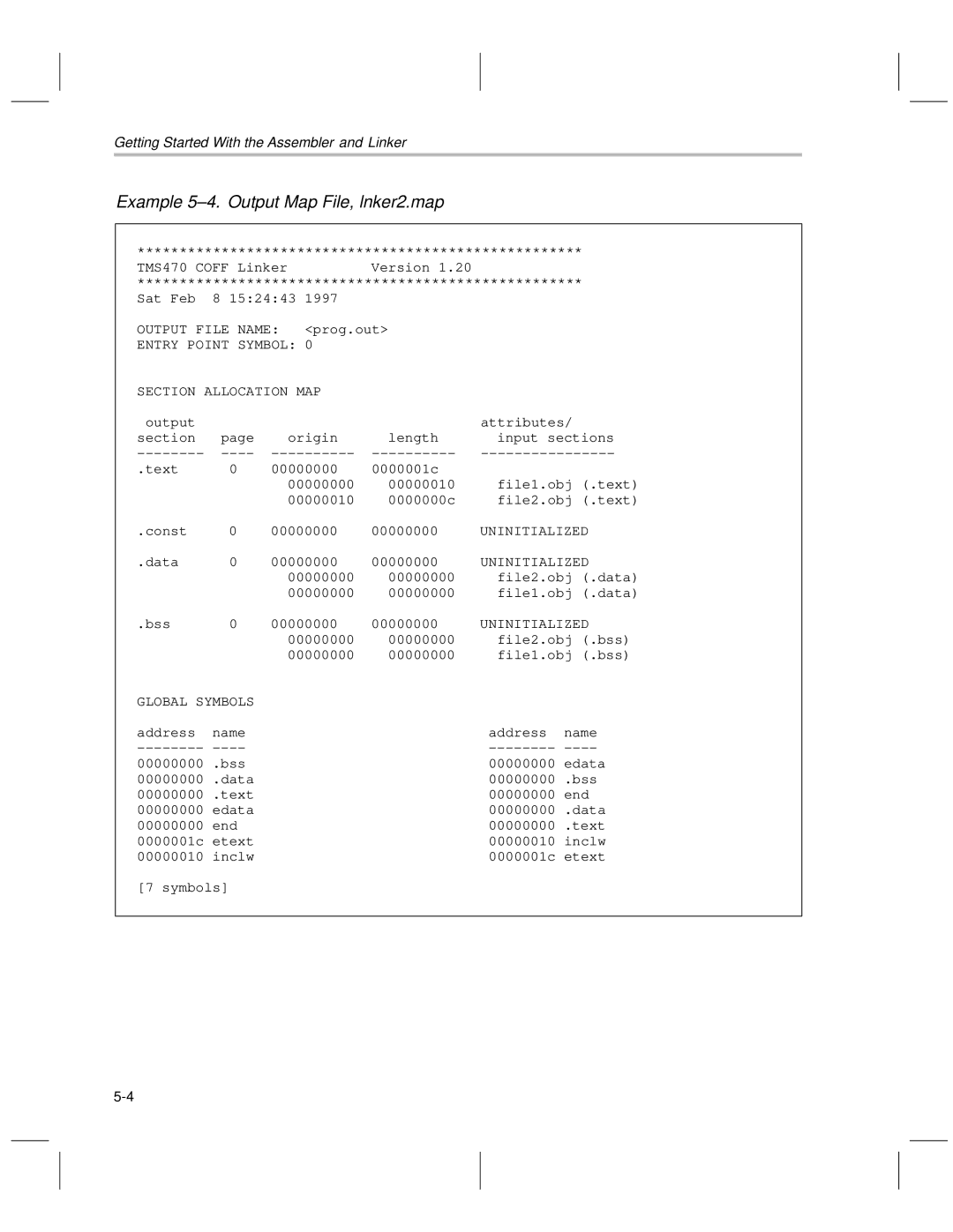 Texas Instruments TMS470R1x manual Example 5±4. Output Map File, lnker2.map 