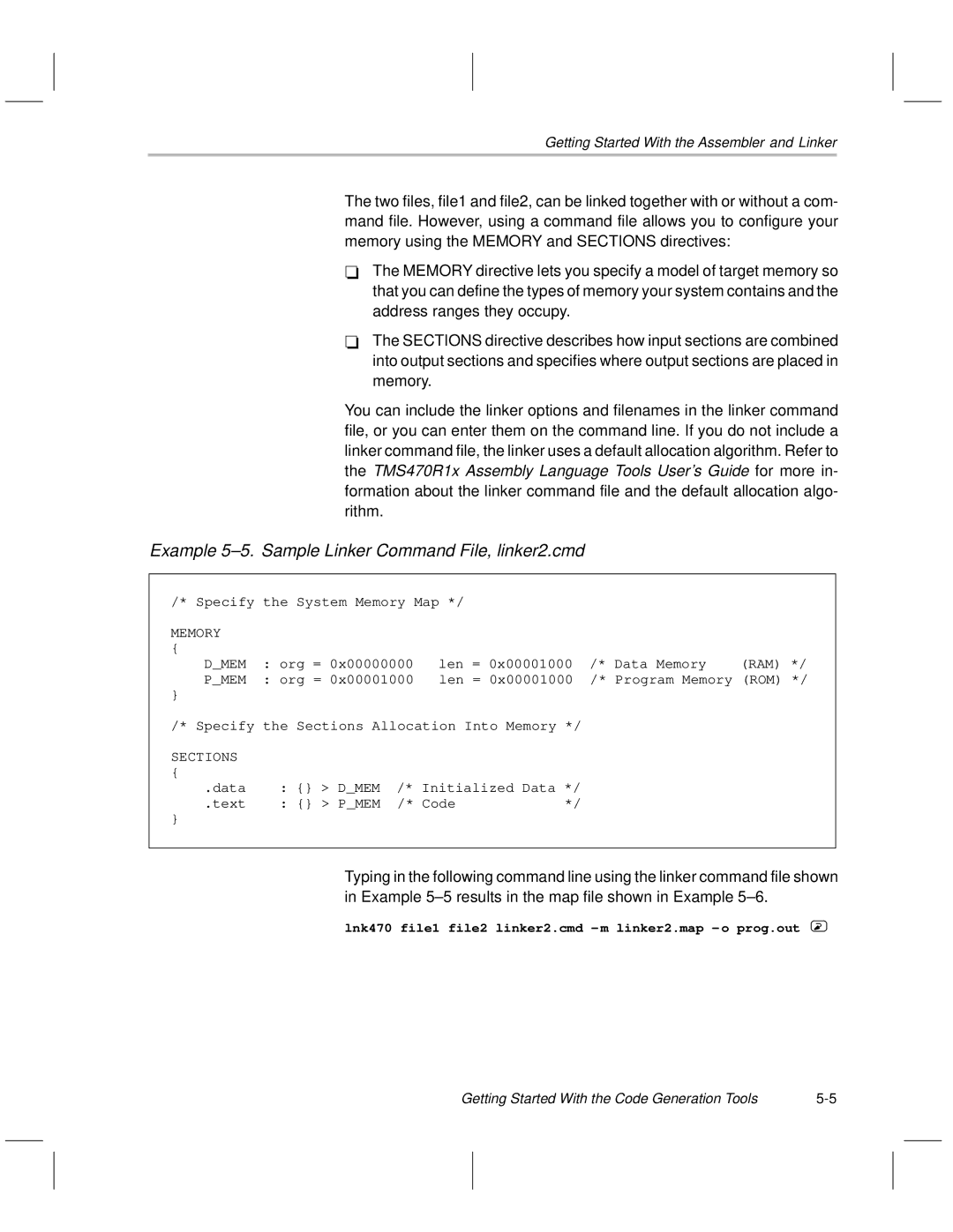 Texas Instruments TMS470R1x manual Example 5±5. Sample Linker Command File, linker2.cmd 