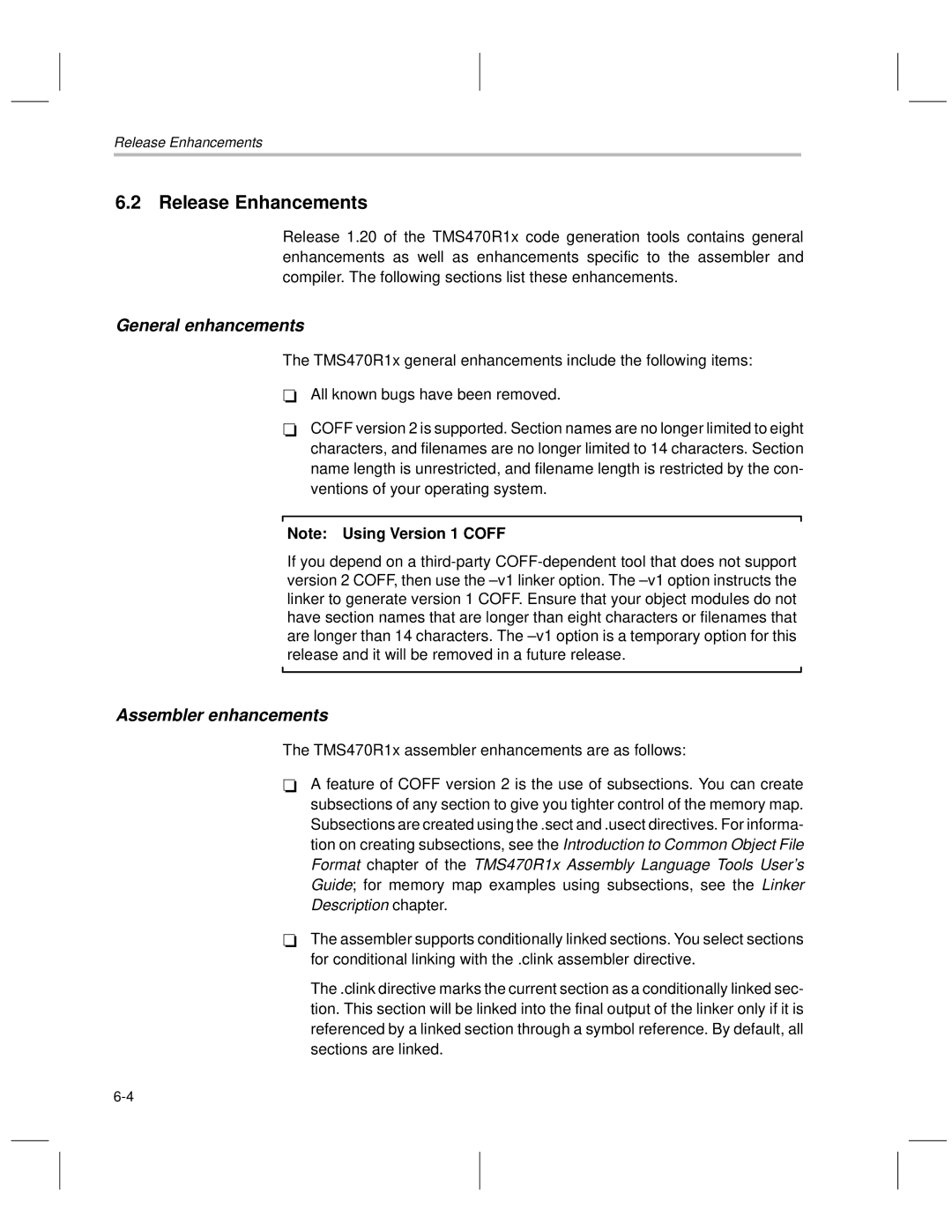 Texas Instruments TMS470R1x manual Release Enhancements, General enhancements, Assembler enhancements 