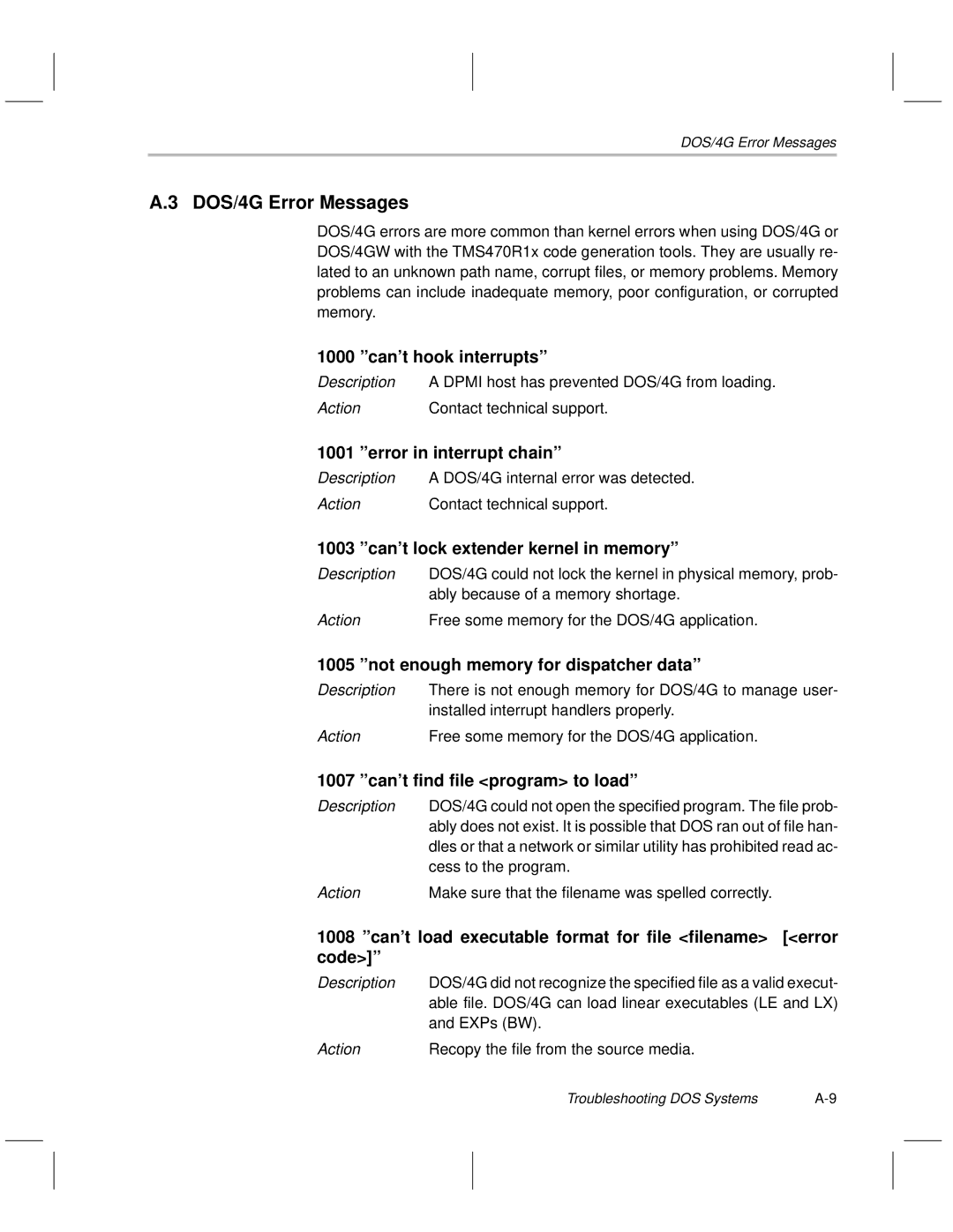 Texas Instruments TMS470R1x manual DOS/4G Error Messages, Action Free some memory for the DOS/4G application 