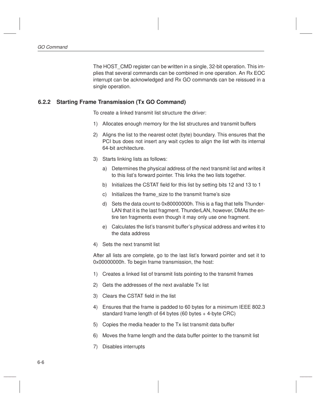 Texas Instruments TNETE100A, TNETE211, TNETE110A manual Starting Frame Transmission Tx GO Command 