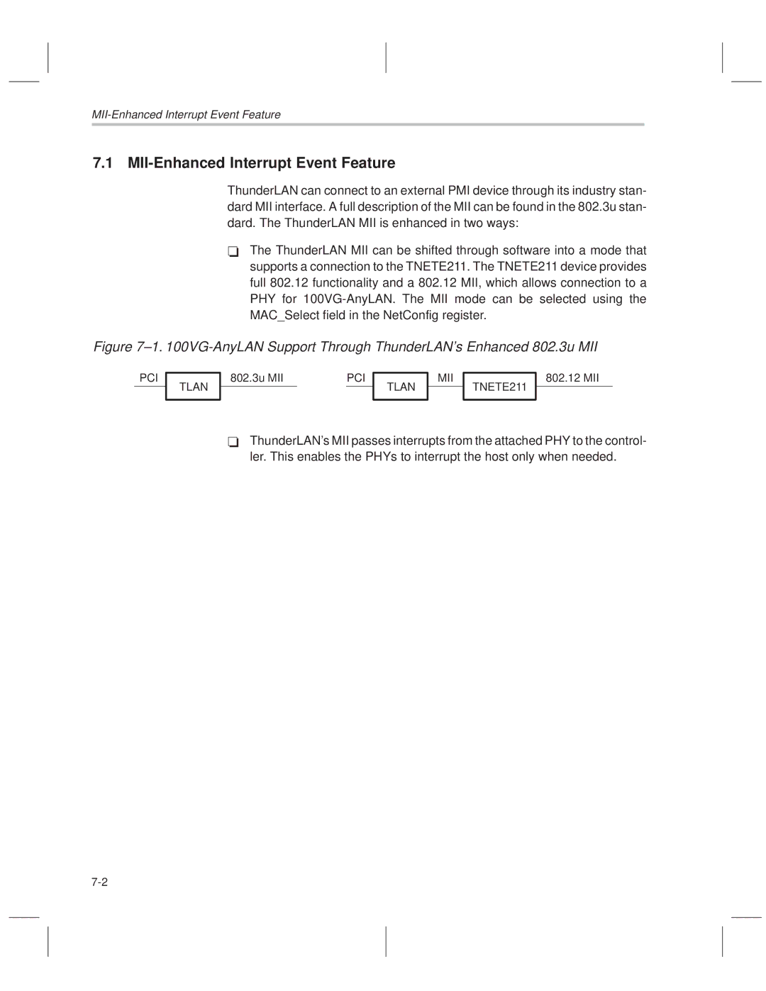 Texas Instruments TNETE110A MII-Enhanced Interrupt Event Feature, PCI Tlan, 802.3u MII, Tlan MII TNETE211, 802.12 MII 