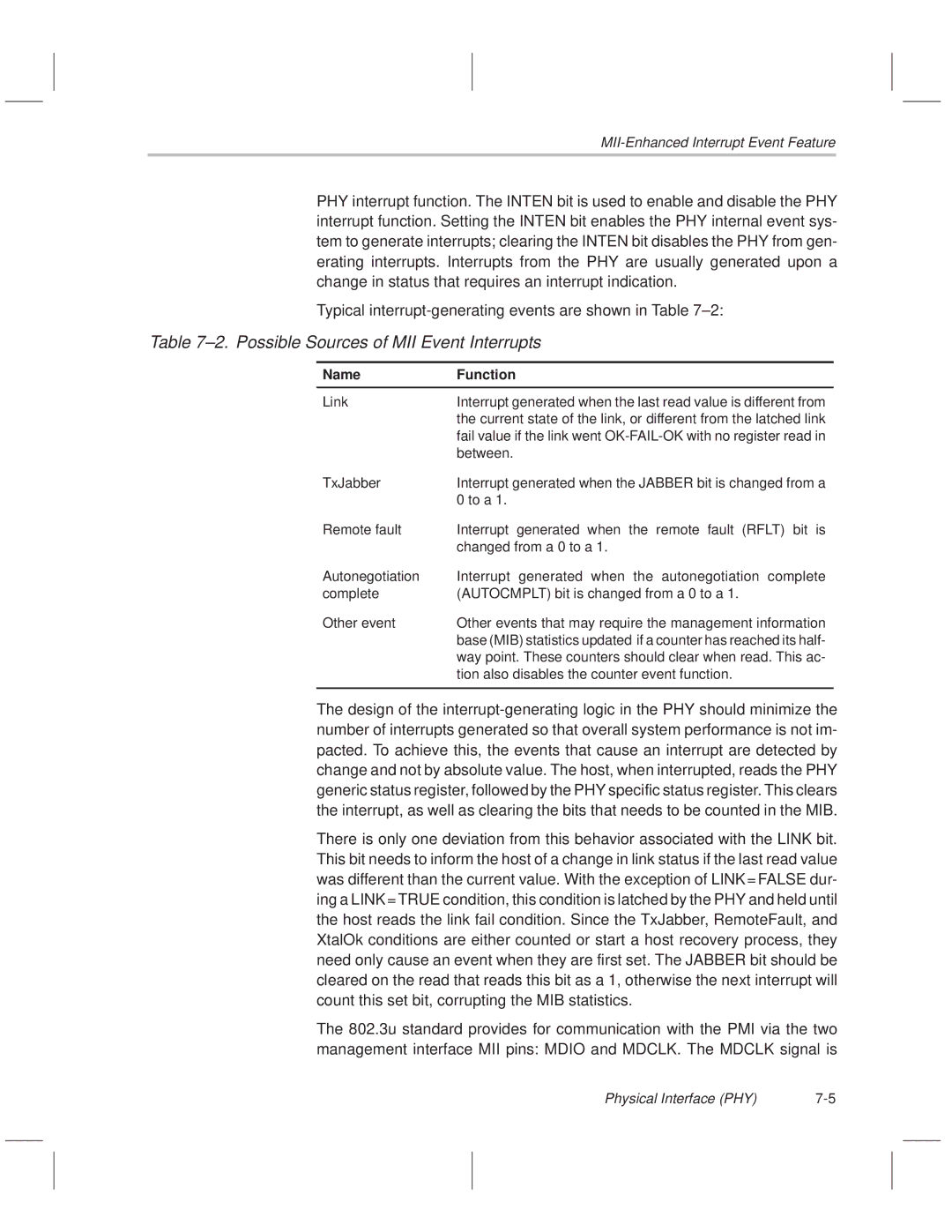 Texas Instruments TNETE211, TNETE110A, TNETE100A ±2. Possible Sources of MII Event Interrupts, Name Function, Link, Between 