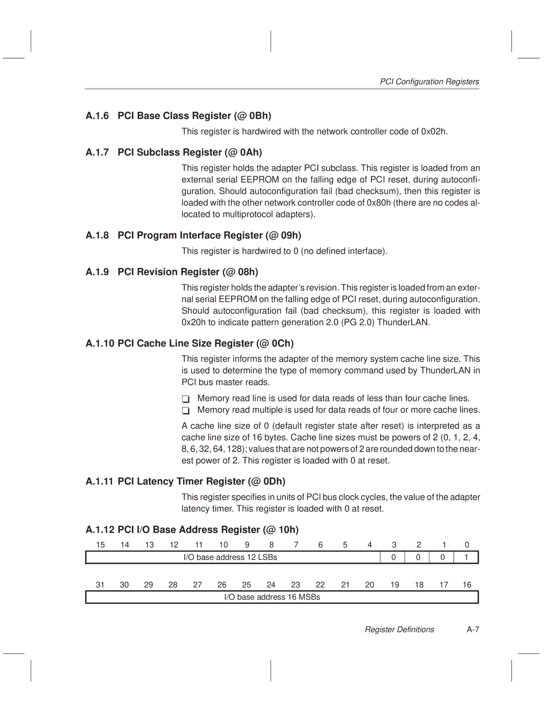 Texas Instruments TNETE211 manual PCI Base Class Register @ 0Bh, PCI Subclass Register @ 0Ah, PCI Revision Register @ 08h 