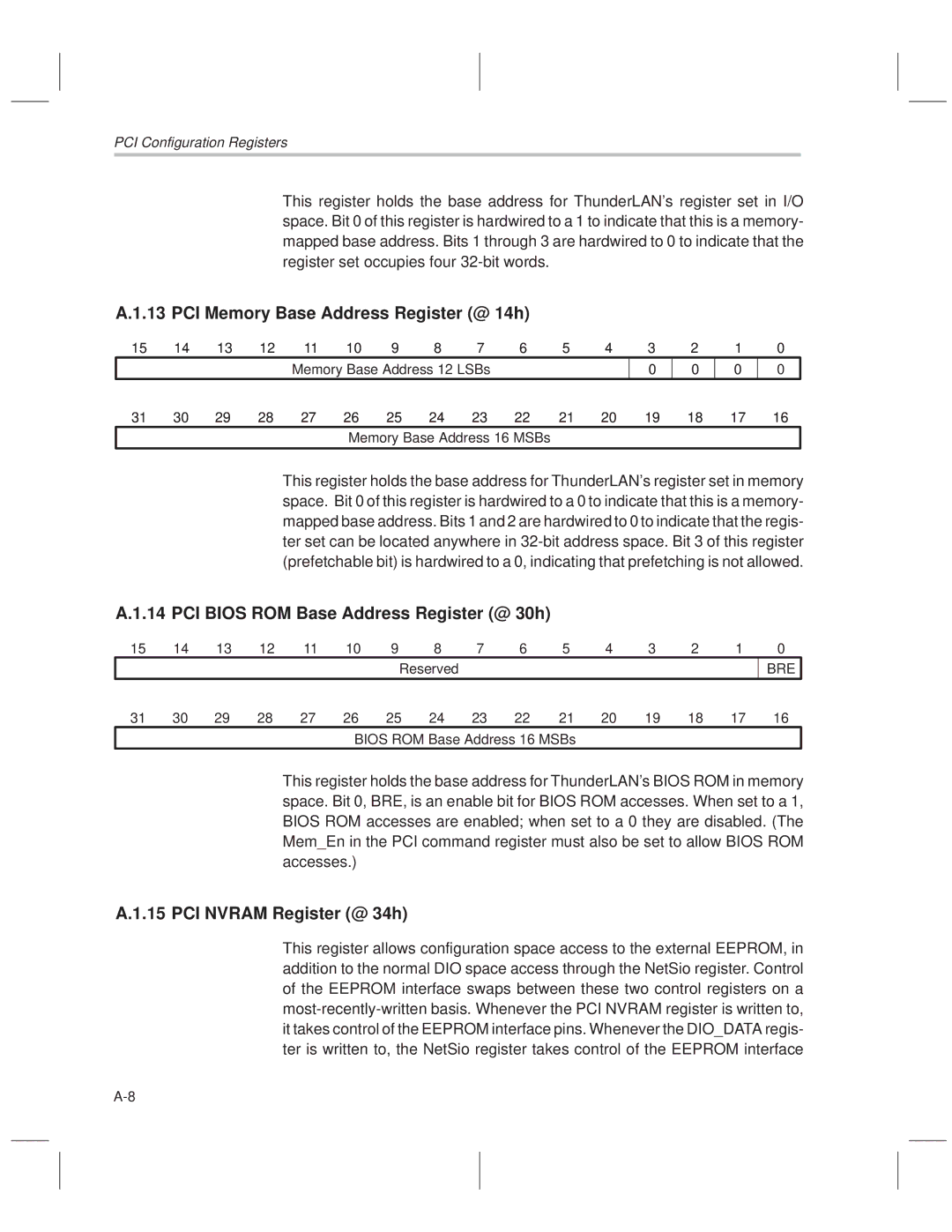 Texas Instruments TNETE110A manual PCI Memory Base Address Register @ 14h, PCI Bios ROM Base Address Register @ 30h, Bre 