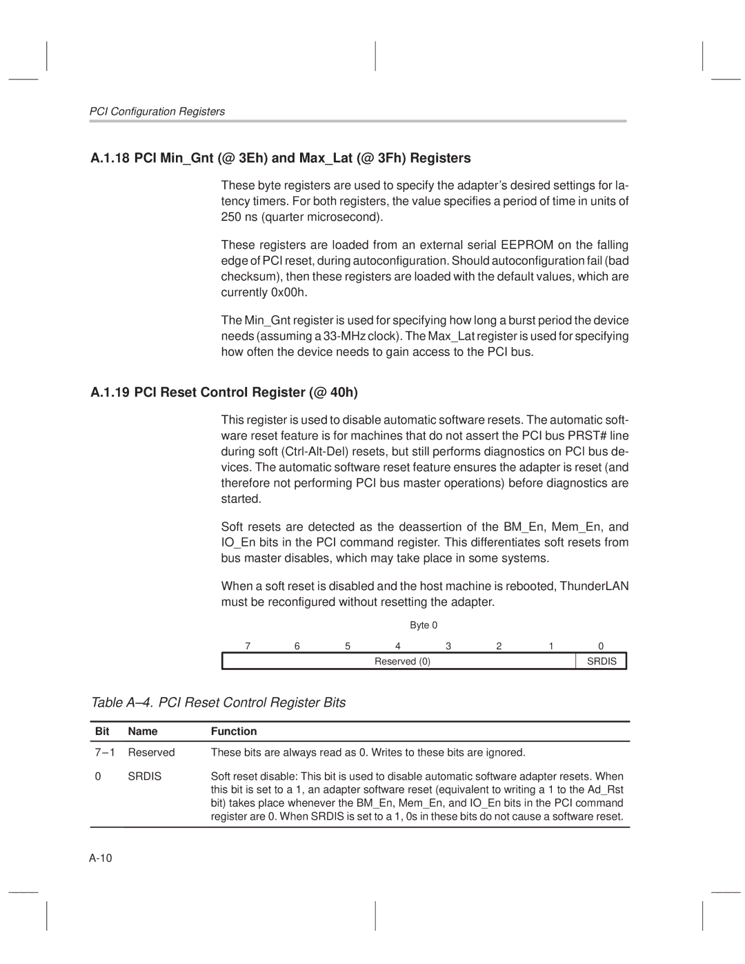 Texas Instruments TNETE211, TNETE110A PCI MinGnt @ 3Eh and MaxLat @ 3Fh Registers, PCI Reset Control Register @ 40h, Srdis 