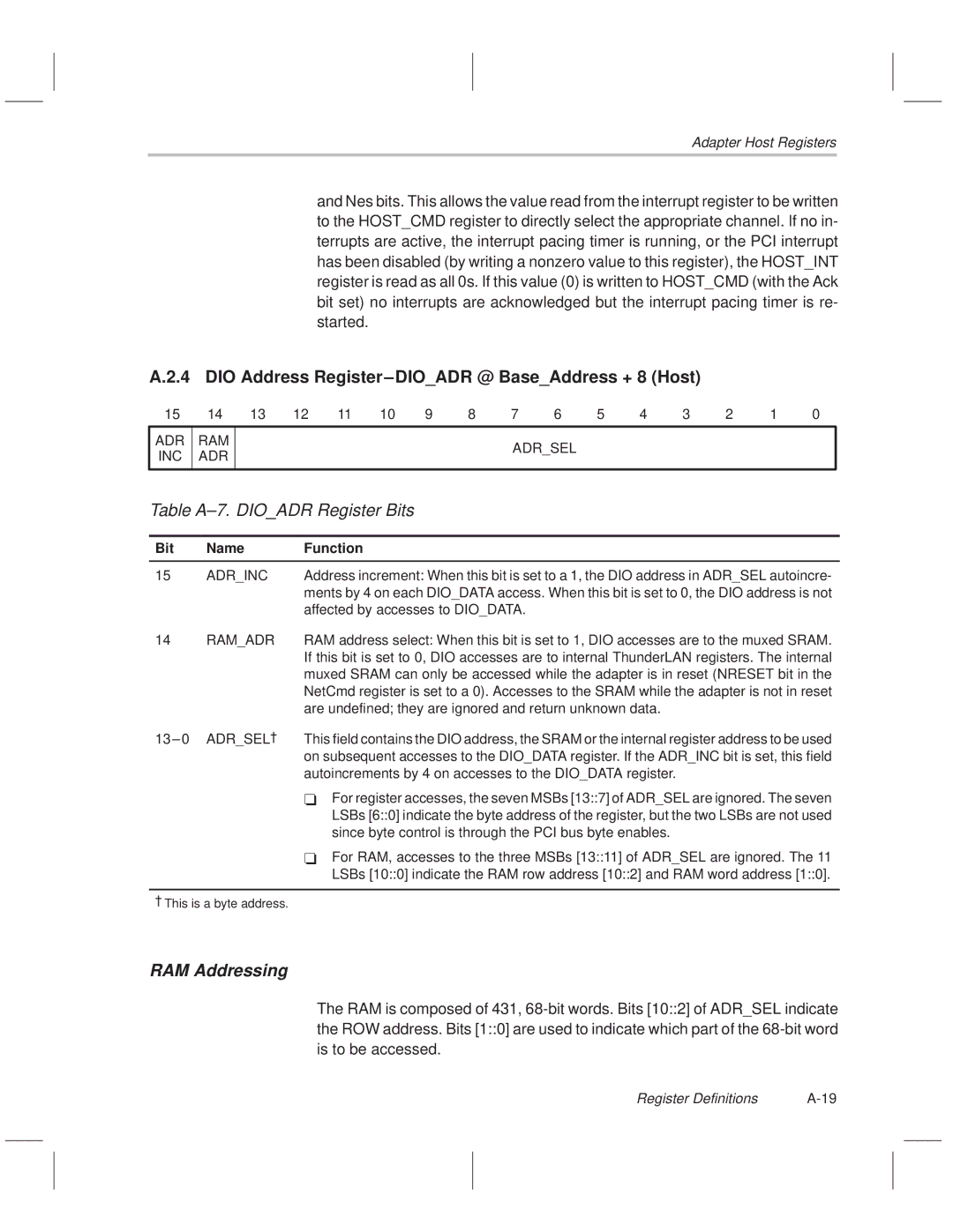 Texas Instruments TNETE211, TNETE110A DIO Address Register±DIOADR @ BaseAddress + 8 Host, Table A±7. Dioadr Register Bits 