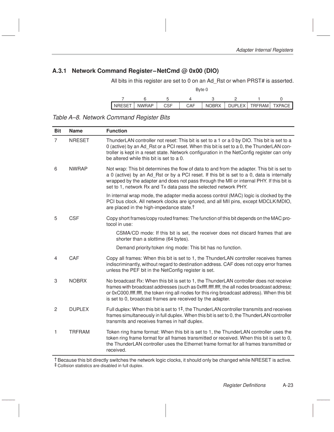 Texas Instruments TNETE110A, TNETE211 Network Command Register±NetCmd @ 0x00 DIO, Table A±8. Network Command Register Bits 