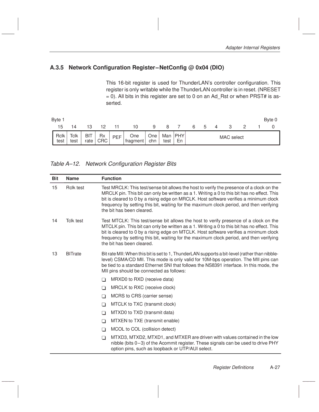 Texas Instruments TNETE100A, TNETE211, TNETE110A manual Network Configuration Register±NetConfig @ 0x04 DIO, Bit Pef 