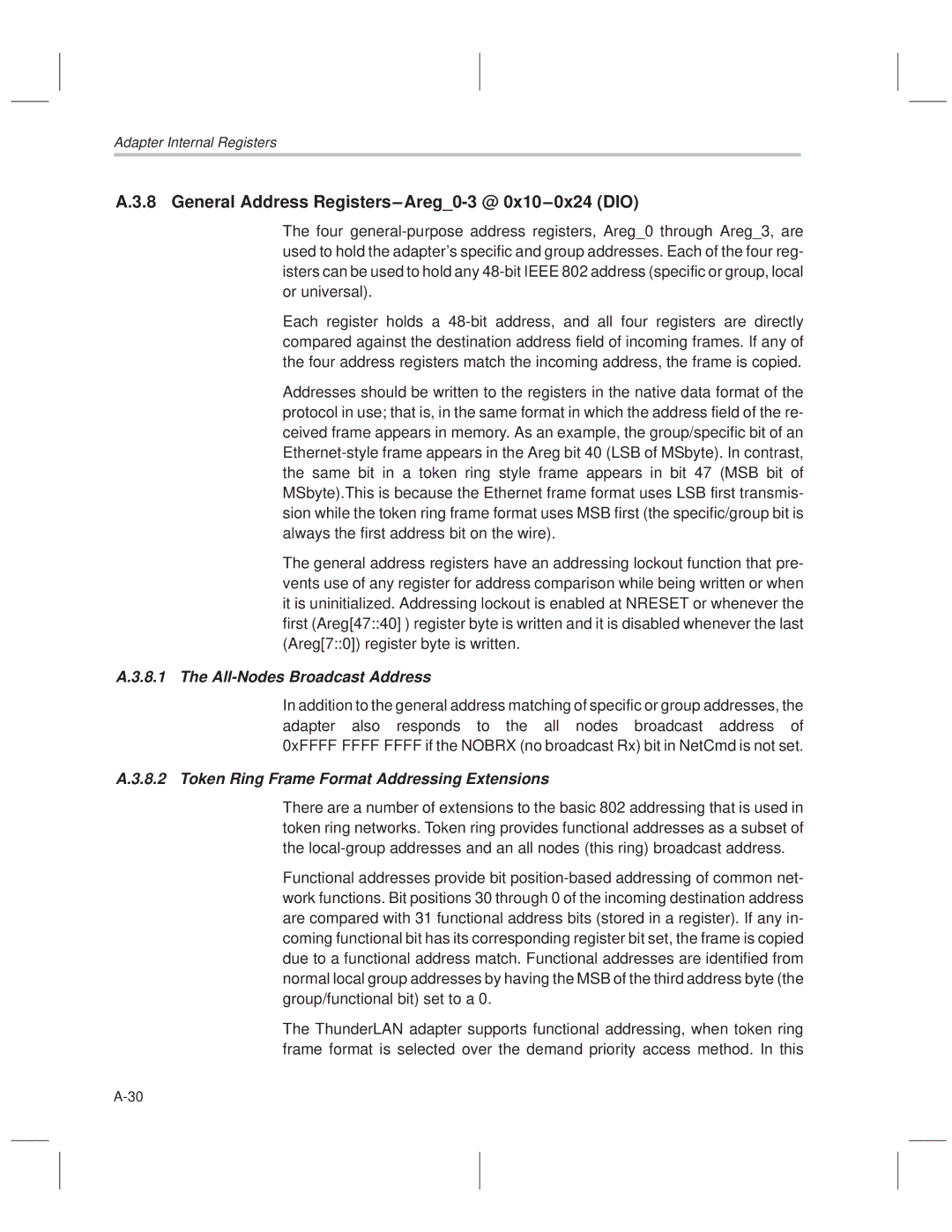 Texas Instruments TNETE100A, TNETE211 manual General Address Registers±Areg0-3 @ 0x10±0x24 DIO, All-Nodes Broadcast Address 