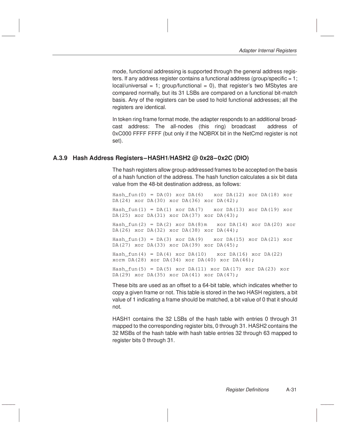 Texas Instruments TNETE211, TNETE110A, TNETE100A manual Hash Address Registers±HASH1/HASH2 @ 0x28±0x2C DIO 