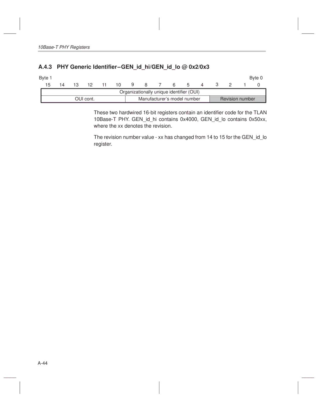 Texas Instruments TNETE110A, TNETE211, TNETE100A manual PHY Generic Identifier±GENidhi/GENidlo @ 0x2/0x3 