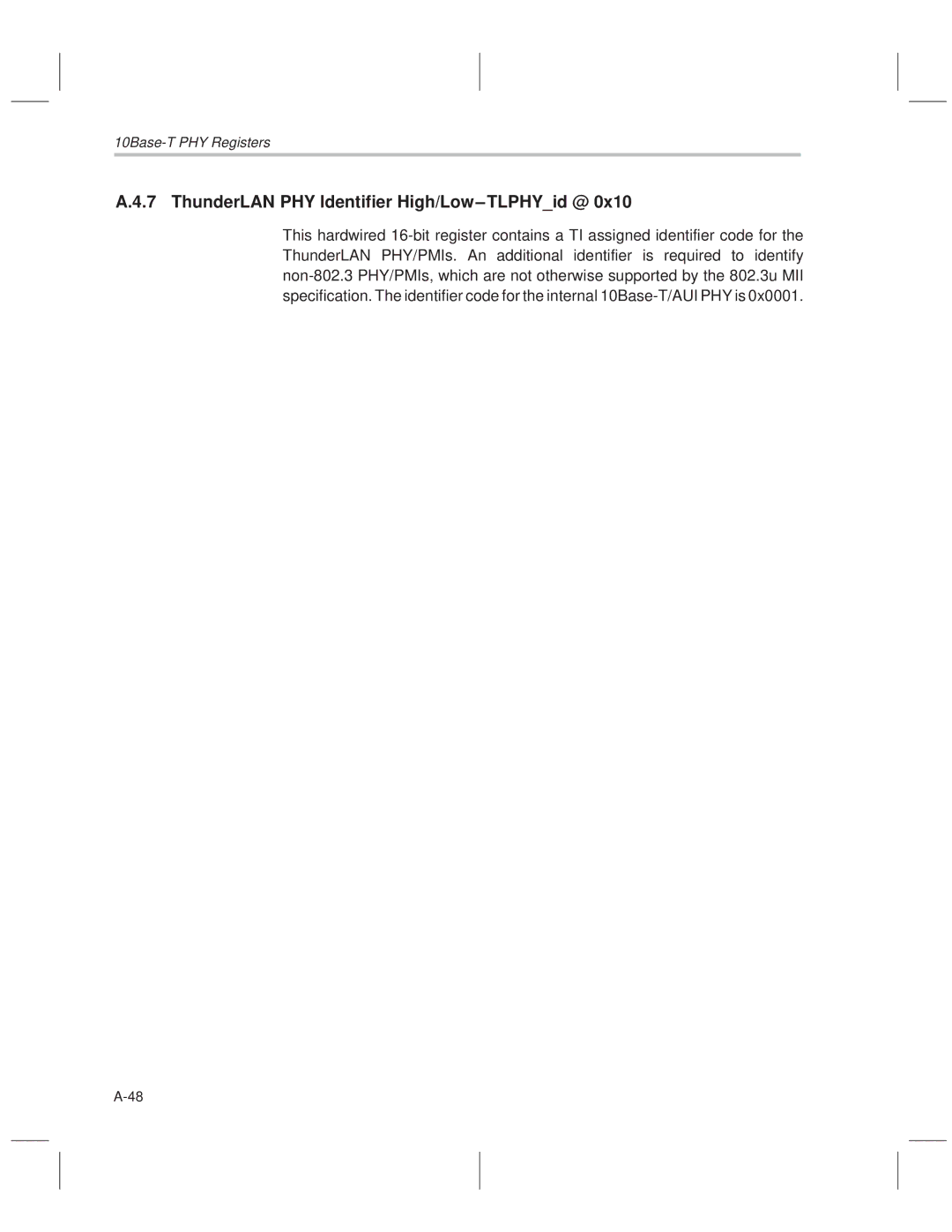 Texas Instruments TNETE100A, TNETE211, TNETE110A manual ThunderLAN PHY Identifier High/Low±TLPHYid @ 