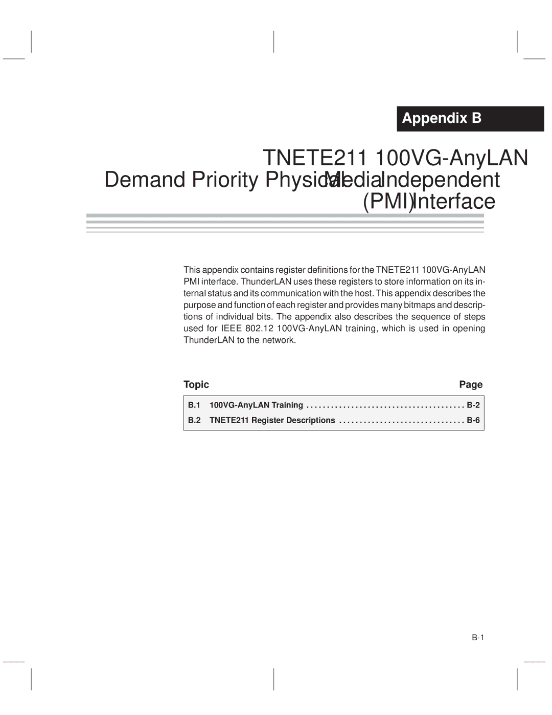 Texas Instruments TNETE110A, TNETE100A manual PMI Interface, 100VG-AnyLAN Training TNETE211 Register Descriptions 