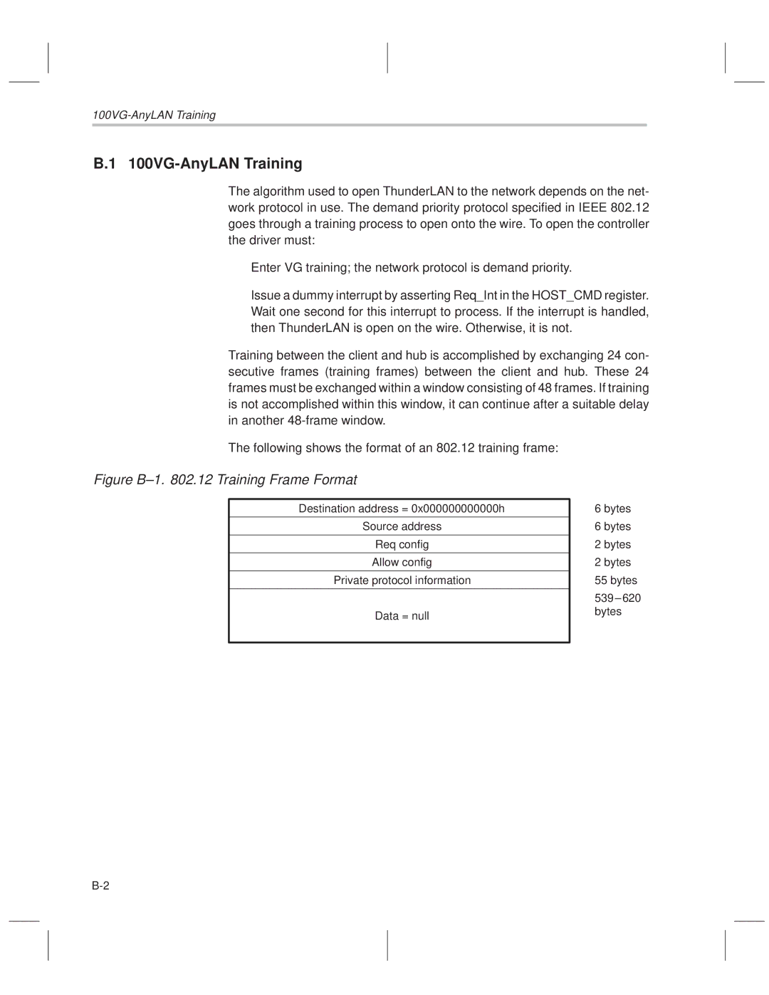 Texas Instruments TNETE100A, TNETE211, TNETE110A manual 100VG-AnyLAN Training, Figure B±1 .12 Training Frame Format 