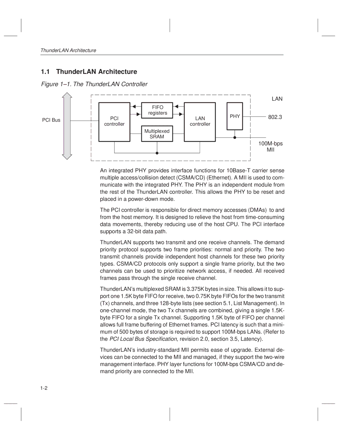 Texas Instruments TNETE110A, TNETE211, TNETE100A manual ThunderLAN Architecture, Fifo, Pci, Sram LAN, Phy 