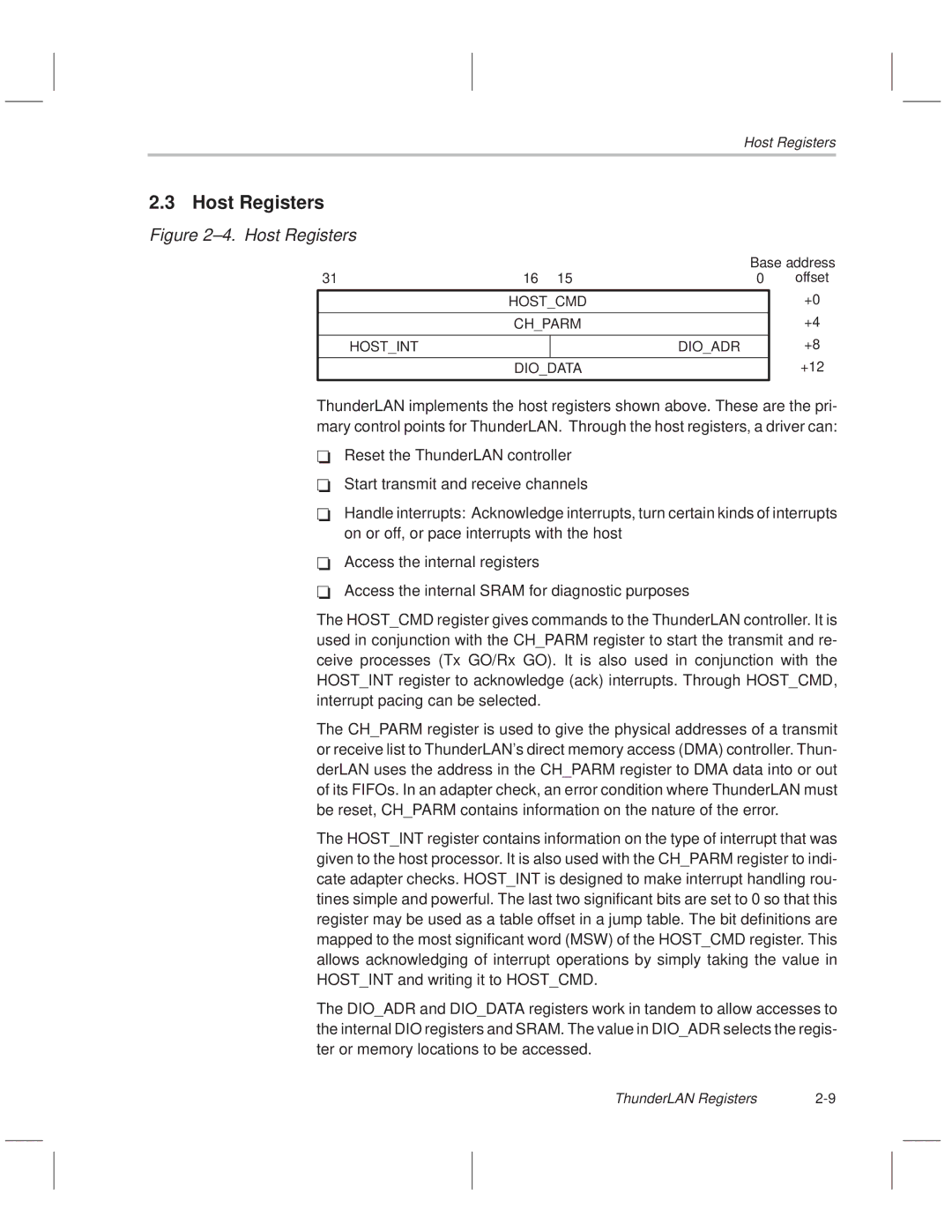 Texas Instruments TNETE100A, TNETE211, TNETE110A manual Host Registers, Offset, Hostcmd Chparm Hostint Dioadr, +12, Diodata 