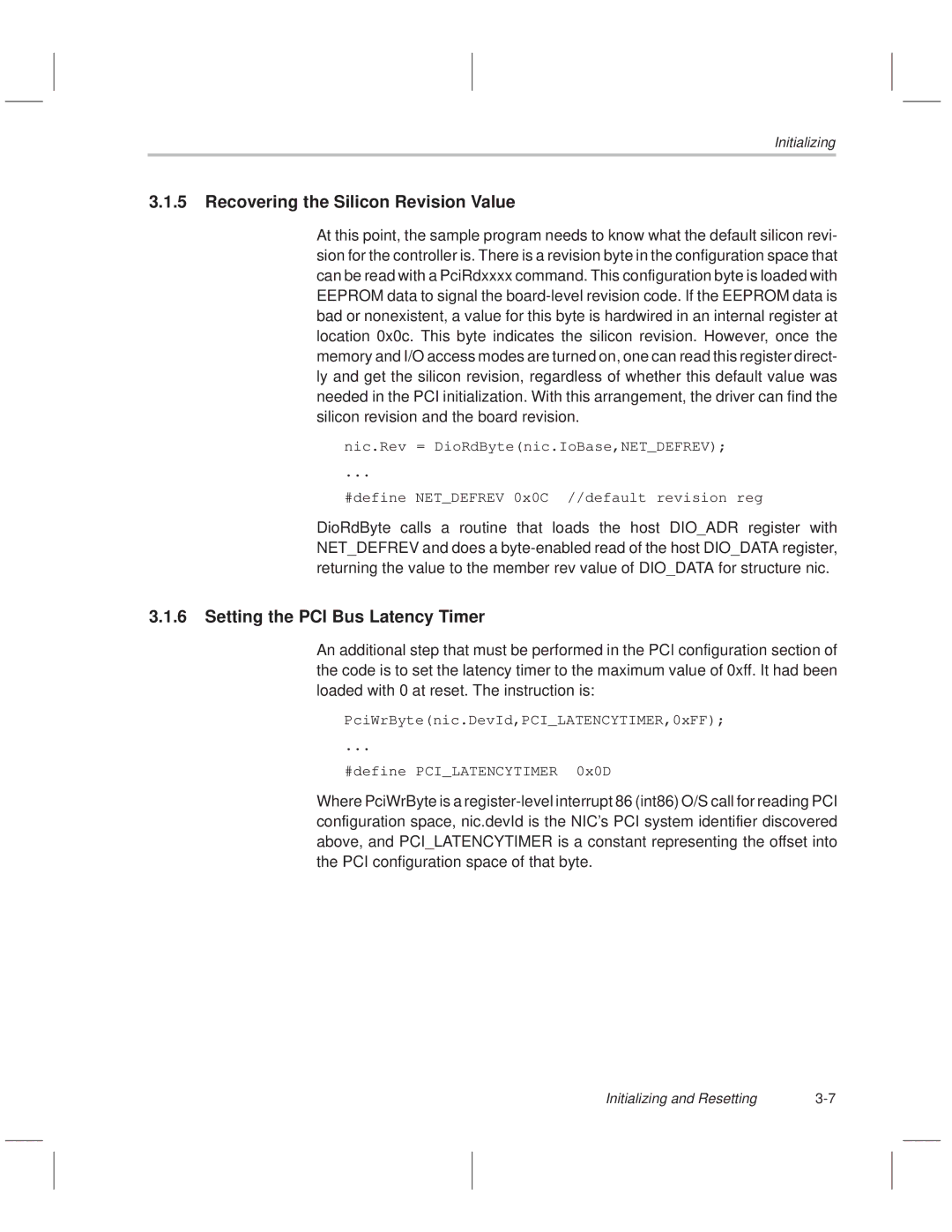 Texas Instruments TNETE110A, TNETE211, TNETE100A Recovering the Silicon Revision Value, Setting the PCI Bus Latency Timer 