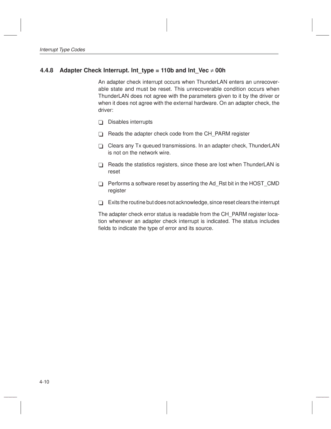 Texas Instruments TNETE100A, TNETE211, TNETE110A manual Adapter Check Interrupt. Inttype = 110b and IntVec ≠ 00h 