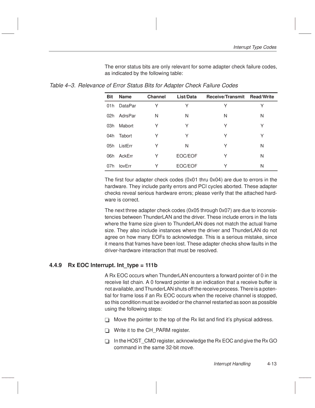 Texas Instruments TNETE100A, TNETE211 Rx EOC Interrupt. Inttype = 111b, Bit Name Channel List/Data, Eoc/Eof, 07h IovErr 