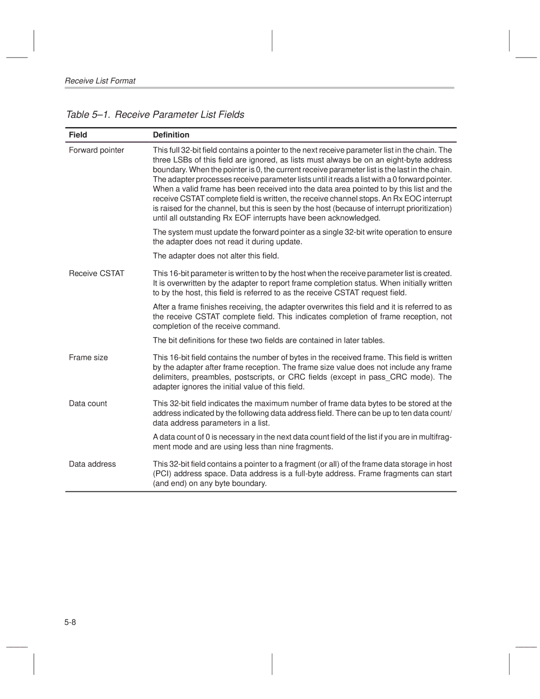 Texas Instruments TNETE100A, TNETE211, TNETE110A manual ±1. Receive Parameter List Fields, Field Definition 