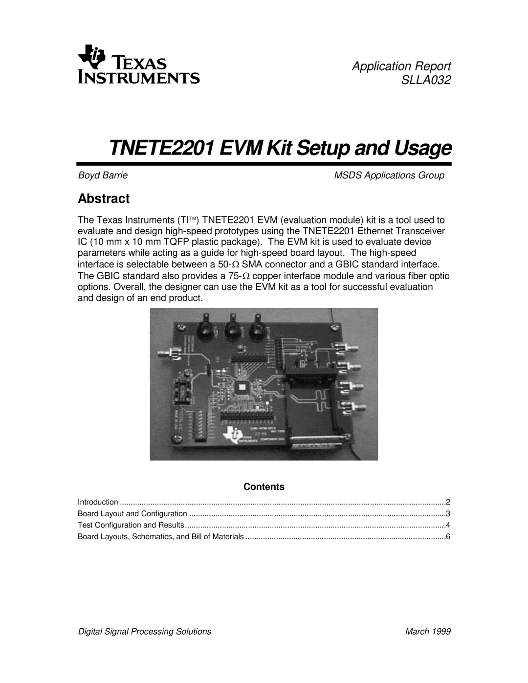 Texas Instruments manual Abstract, TNETE2201 EVM Kit Setup and Usage, Application Report SLLA032, Boyd Barrie, Contents 