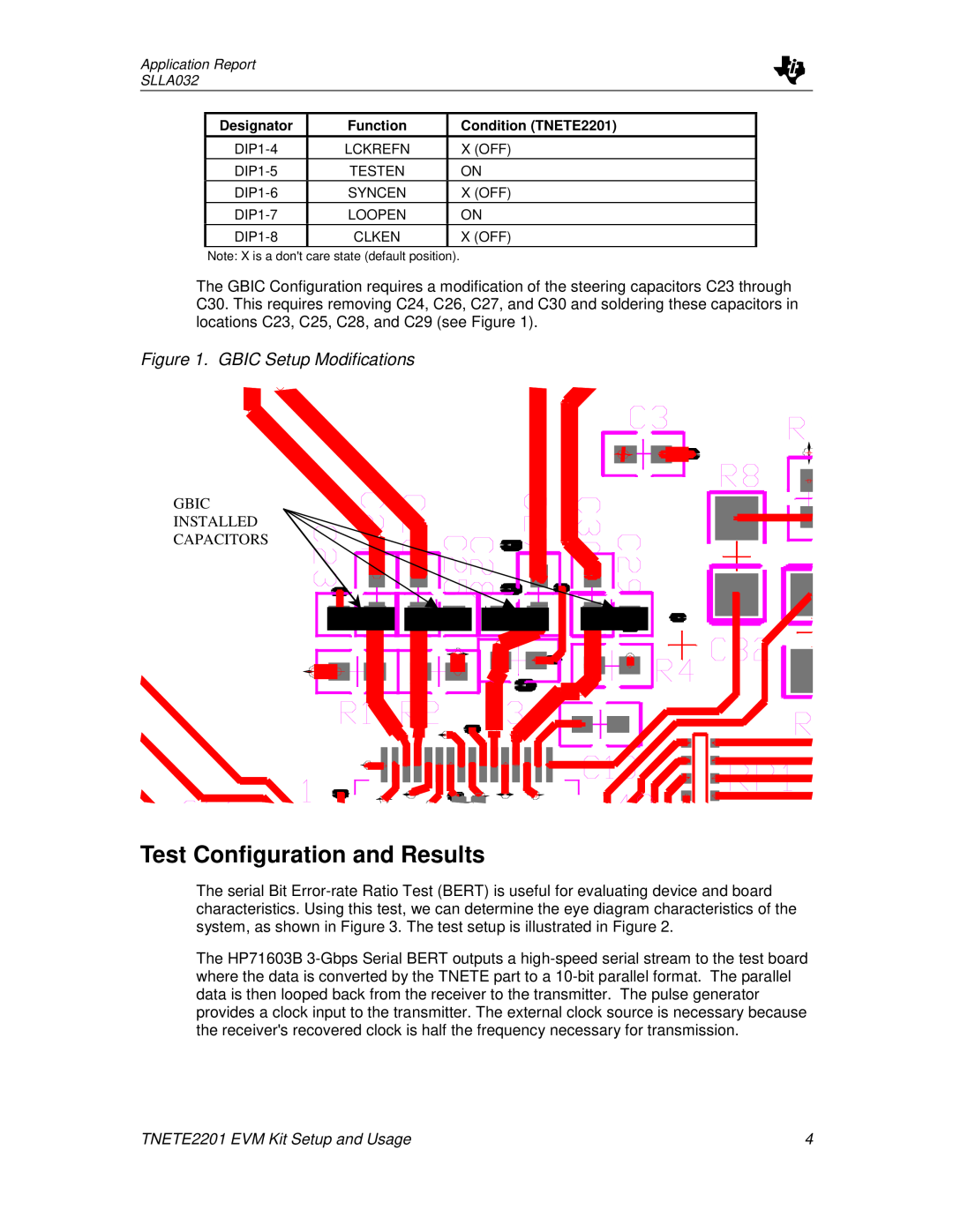 Texas Instruments TNETE2201 manual Test Configuration and Results, GBIC Setup Modifications 